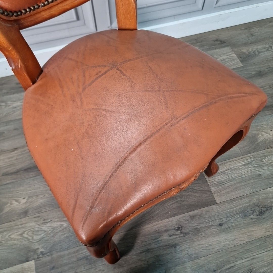 photo for sale Antique Button Back Chair Wood Carved Leather Tan French Louis Bedroom