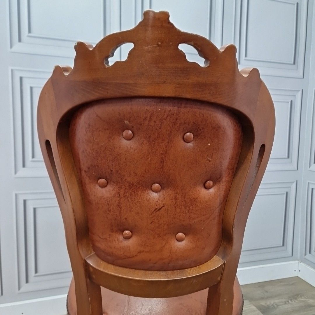 photo buy Antique Button Back Chair Wood Carved Leather Tan French Louis Bedroom