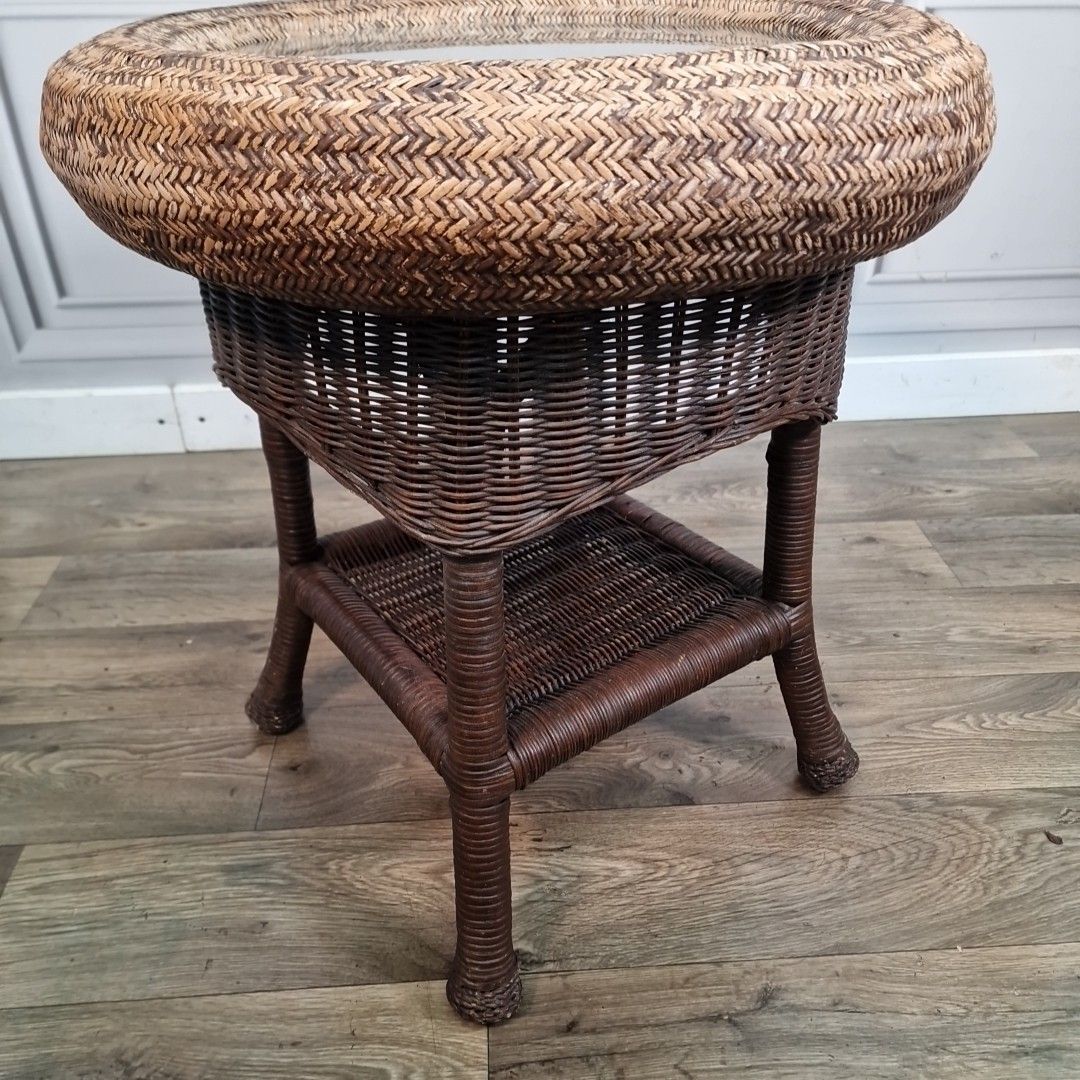 Retro Coffee Side Table Vintage Rattan Wicker Round Glass Top Boho Shelf photo vinterior