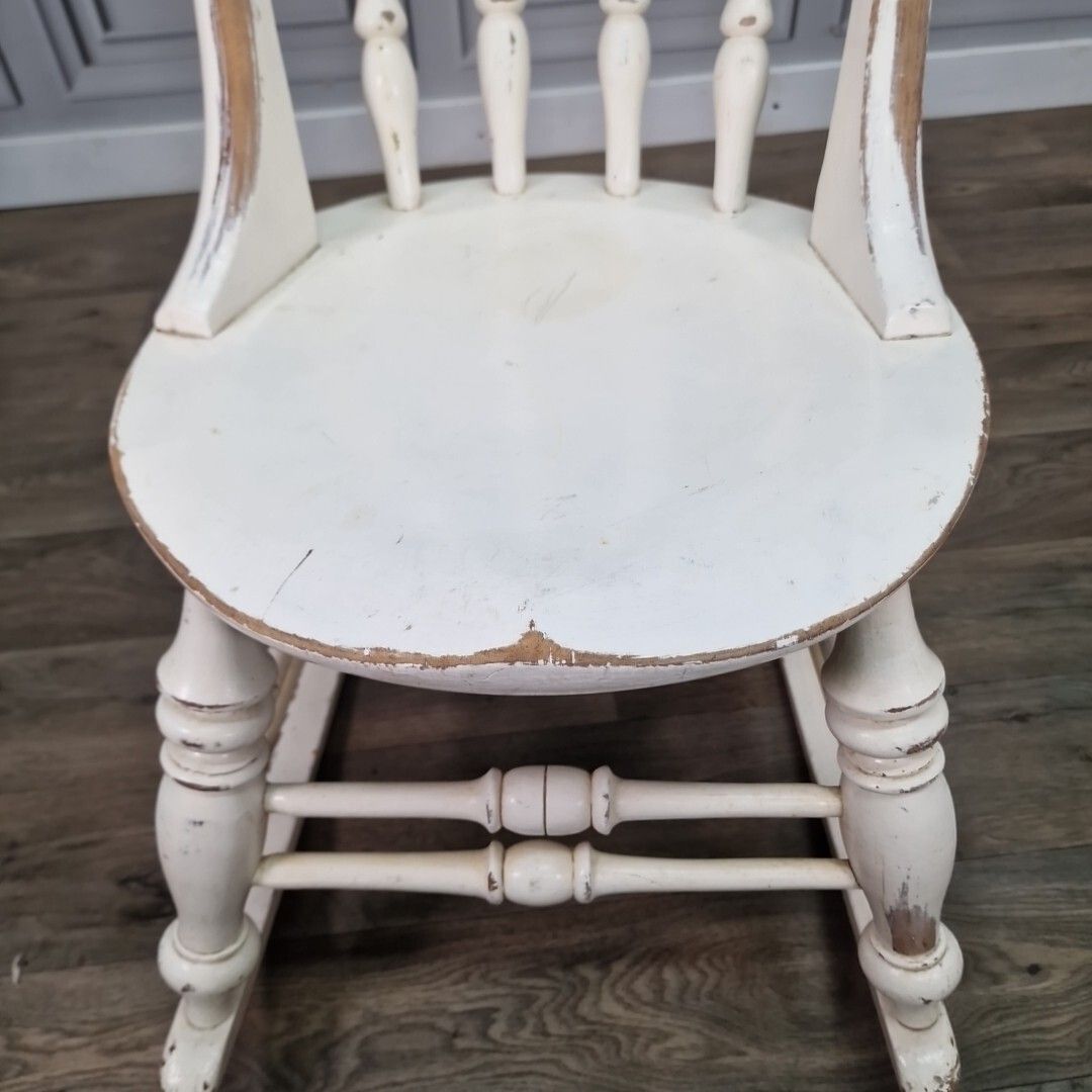 Antique Rocking Chair Vintage Solid Wooden Turned Penny Base Seat Painted photo vinterior