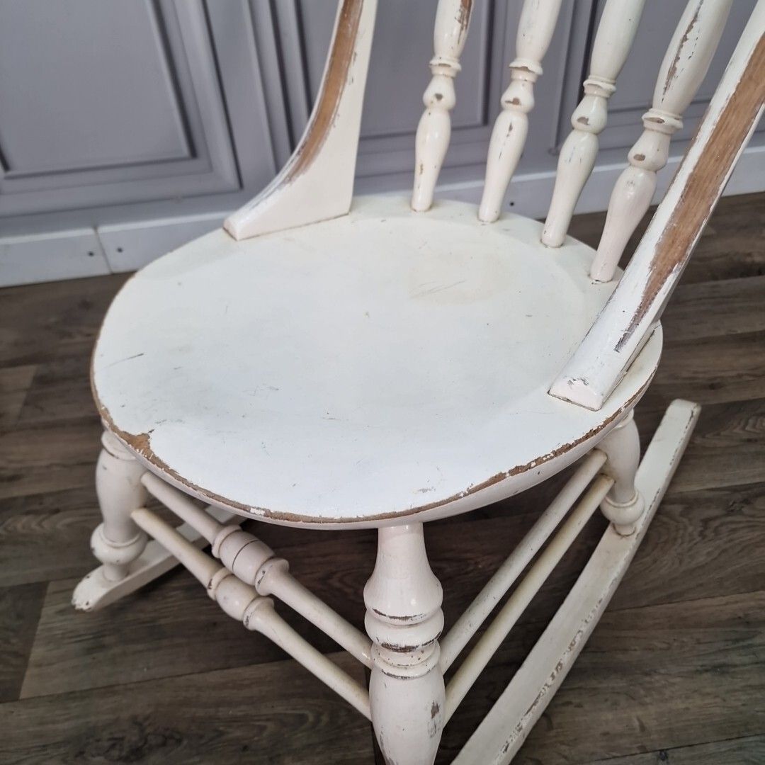 Antique Rocking Chair Vintage Solid Wooden Turned Penny Base Seat Painted photo vintage