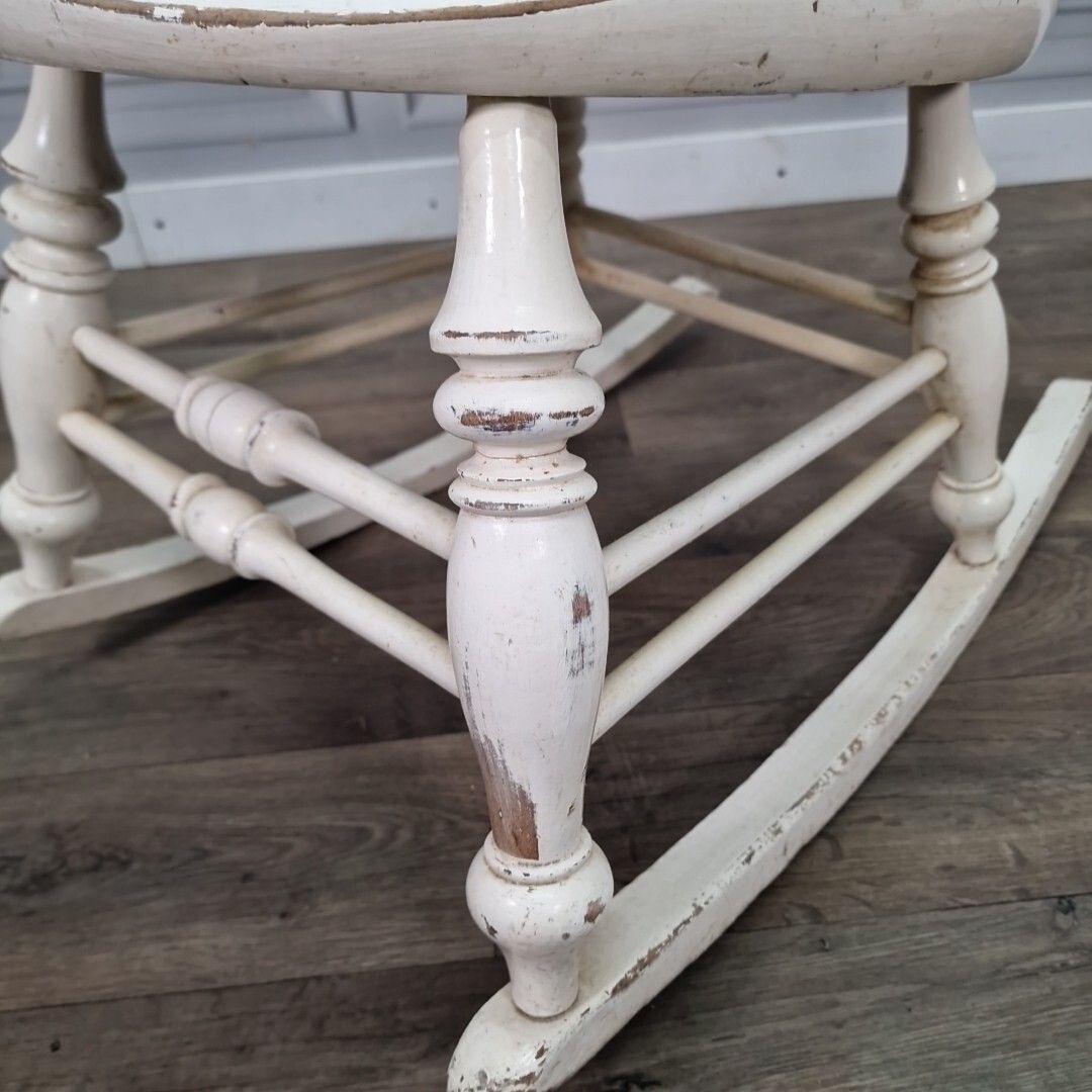 110.0 Antique Rocking Chair Vintage Solid Wooden Turned Penny Base Seat Painted photo