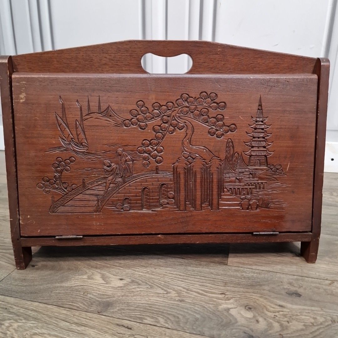 photo vinterior Vintage Magazine Letter Rack Oriental Carved Pagoda Scene Storage Teak Retro