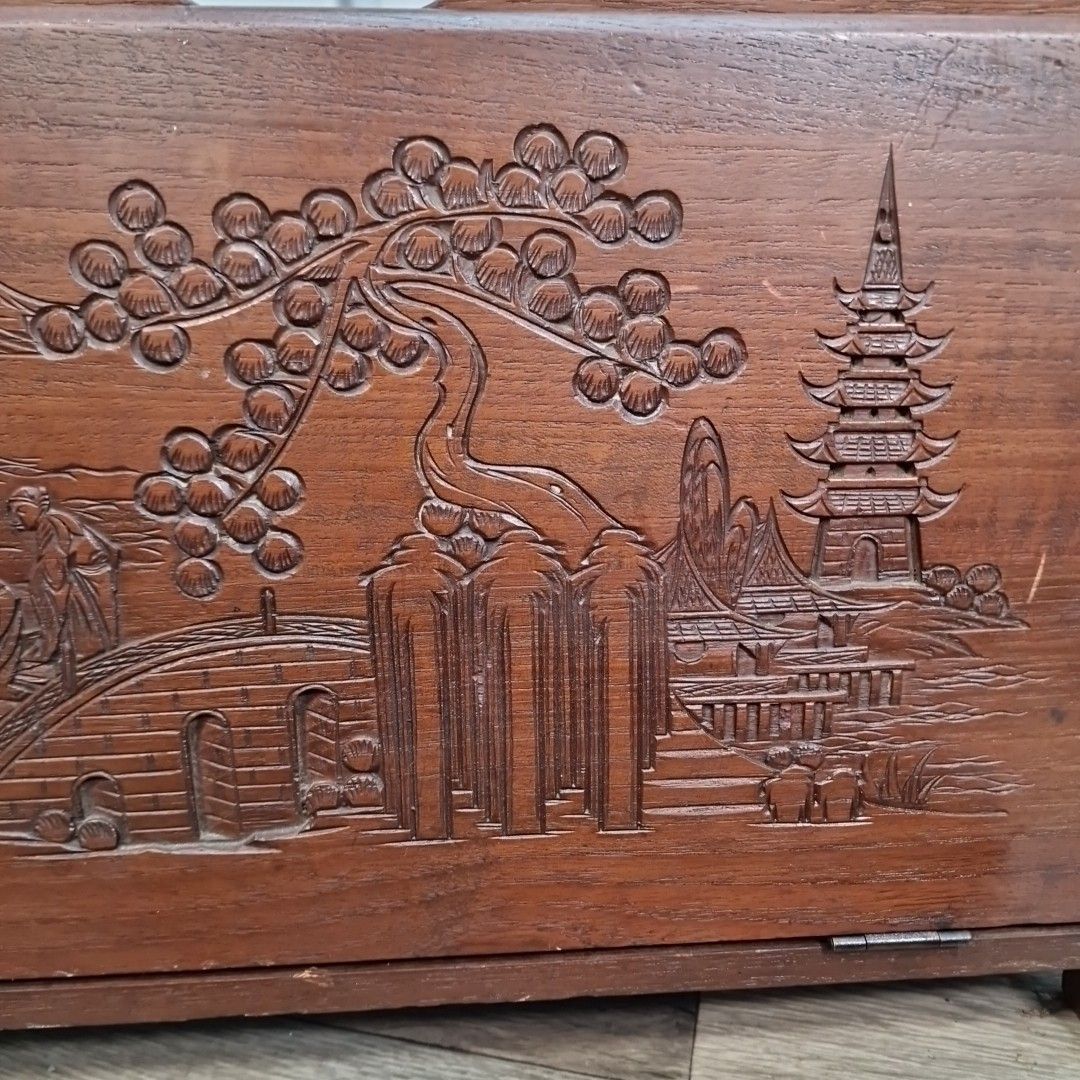 photo buy Vintage Magazine Letter Rack Oriental Carved Pagoda Scene Storage Teak Retro