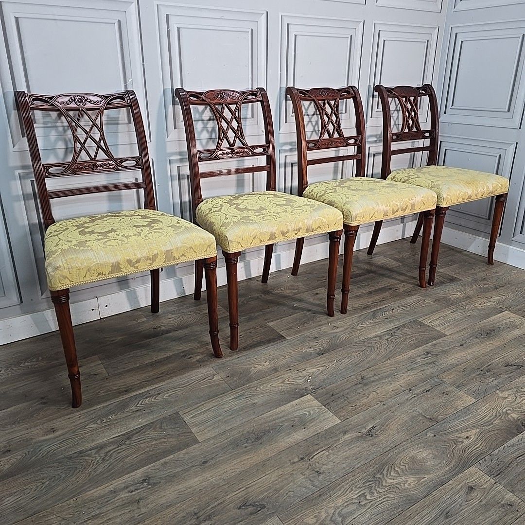 Regency Revival Dining Chairs – Carved Mahogany – Set 4 Antique Style Wooden