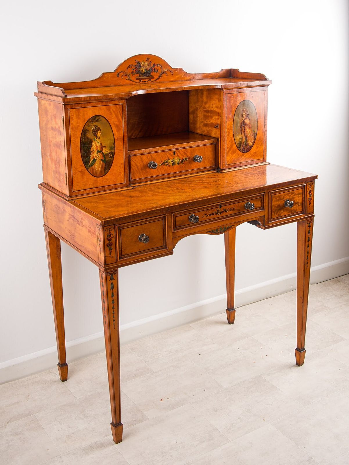 Edwardian Satinwood Bonheur Du Jour, Hand Painted Portrait Panels, Writing Desk C.1900 photo Furniture