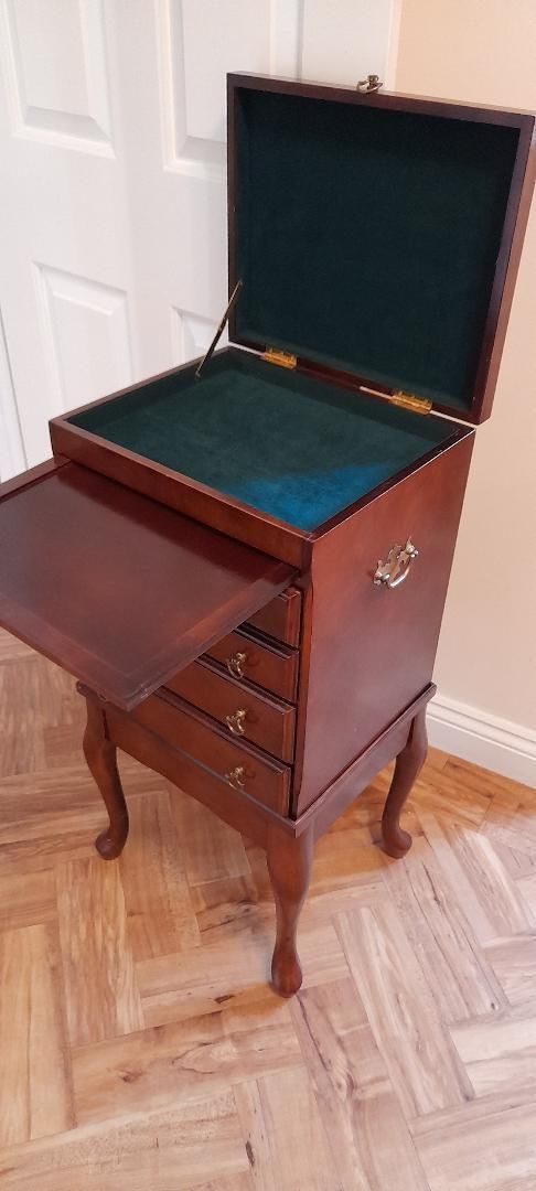 Campaign Travelling Queen Anne Style Mahogany Jewellery Chest Cabinet Drawers On Stand photo furniture