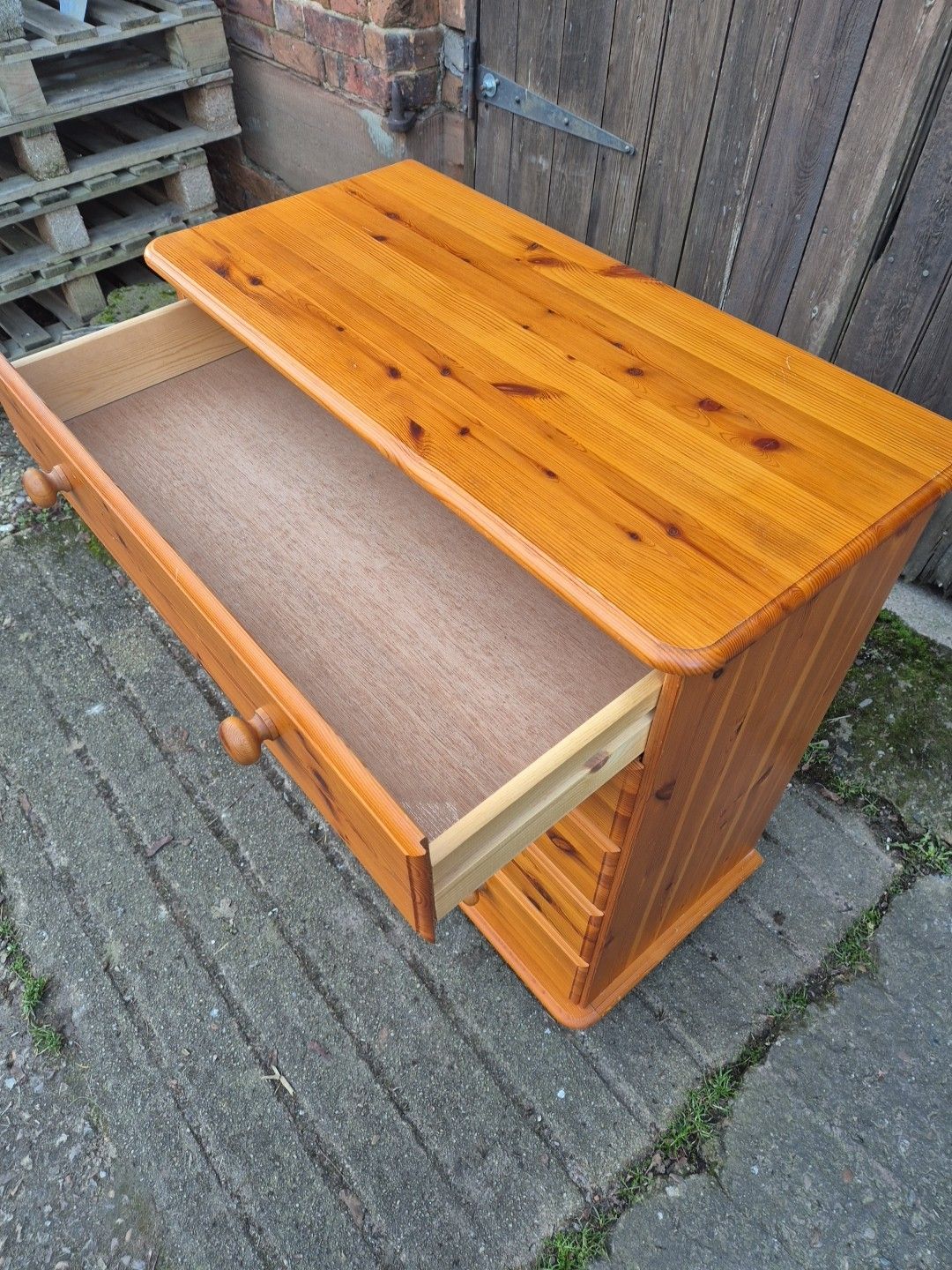 photo for sale Modern 5 Drawer Honey Pine Chest Of Drawers On Bun Feet