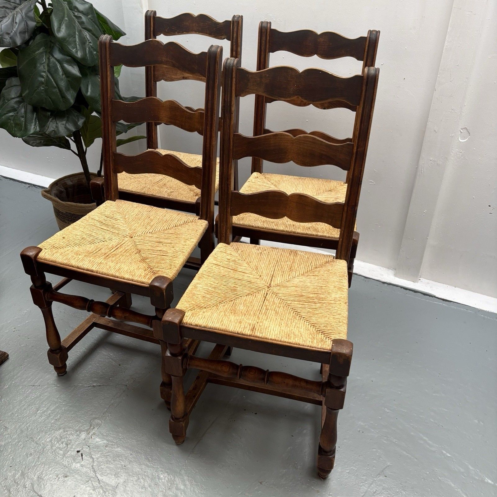 Four French Country Provincial Ladder Back Rush Seat Farmhouse Dining Chairs photo furniture