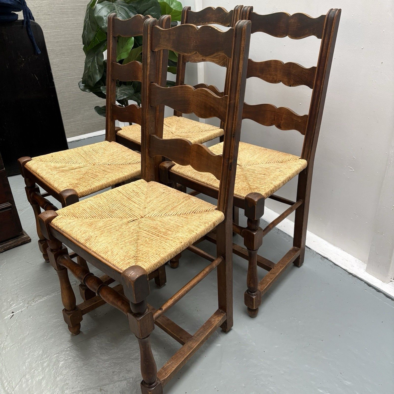 Four French Country Provincial Ladder Back Rush Seat Farmhouse Dining Chairs photo vinterior
