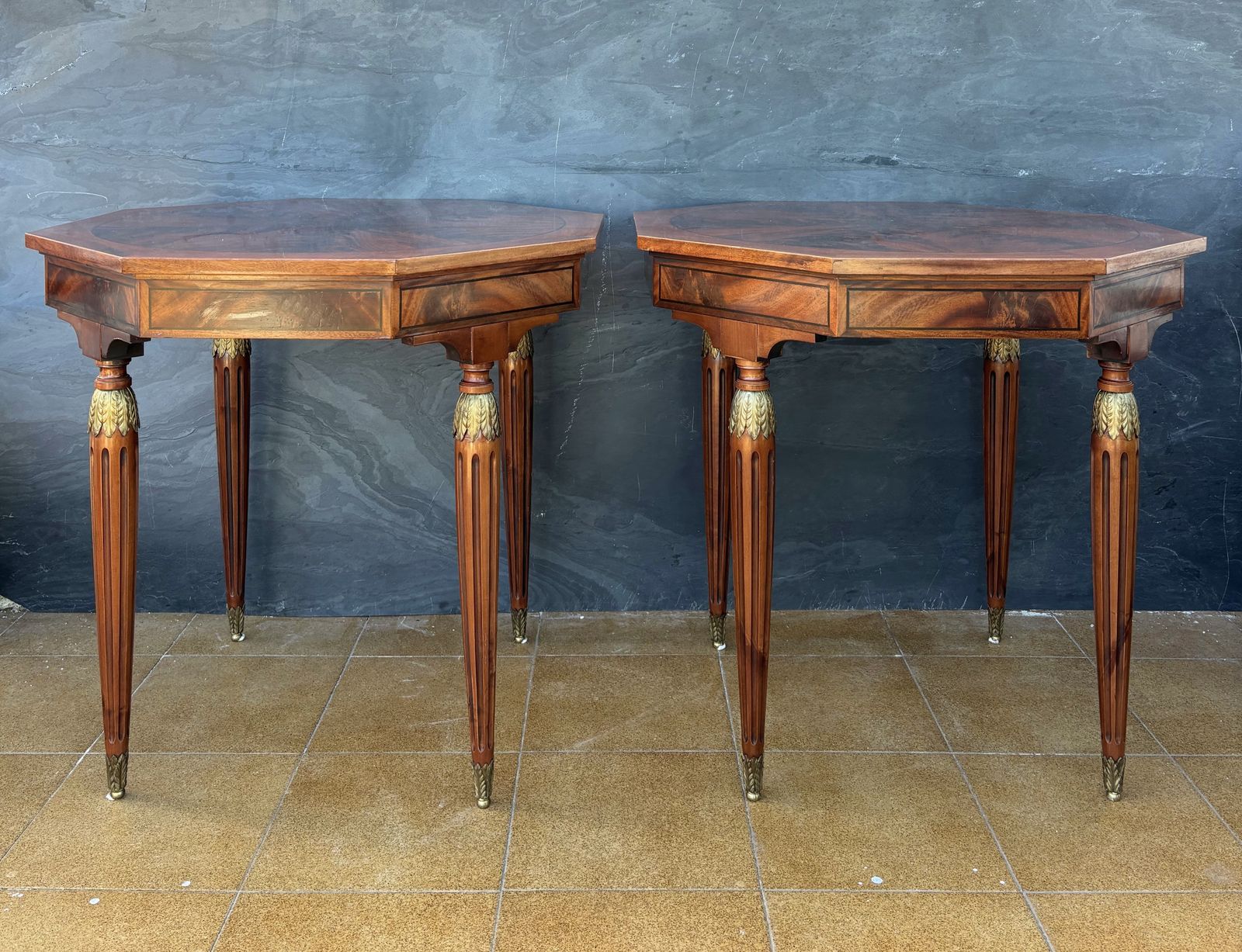 Furniture Pair Of French Louis XVI Style Marquetry Side Tables, Mid 20th Century photo