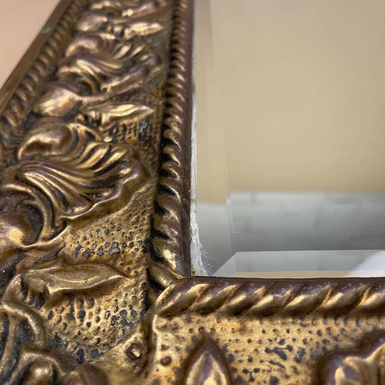photo for sale Ornate Gold Wall Mirror Portrait Rectangle Metal Frame Bevelled Glass Baroque Rococo Style Hollywood Regency Hallway Living Room