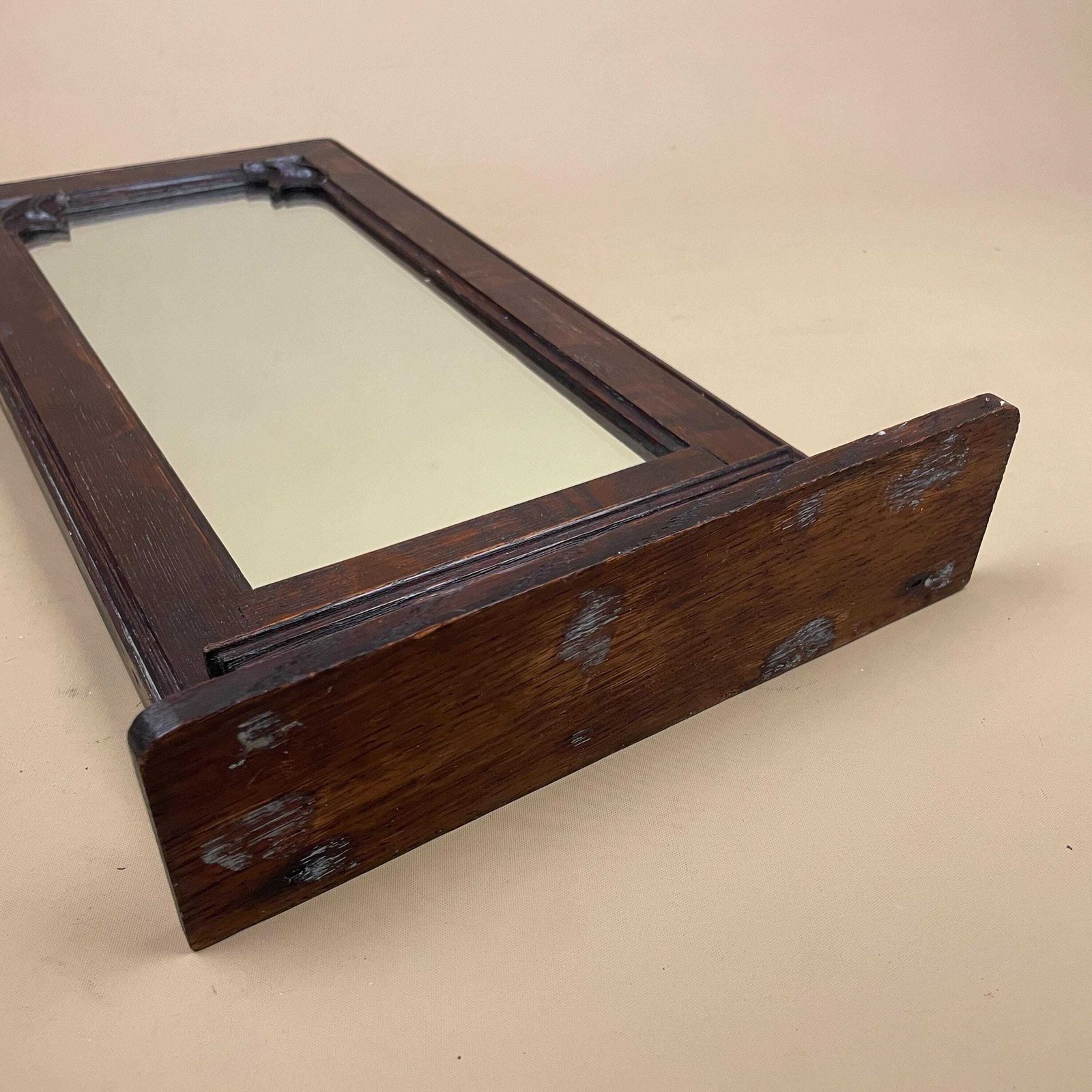 Mid Century Wall Mirror Hallway Cloakroom Mirror Carved Wooden Frame Shelf Victorian Style Dark Stained Sold Wood Accent Decor photo vintage