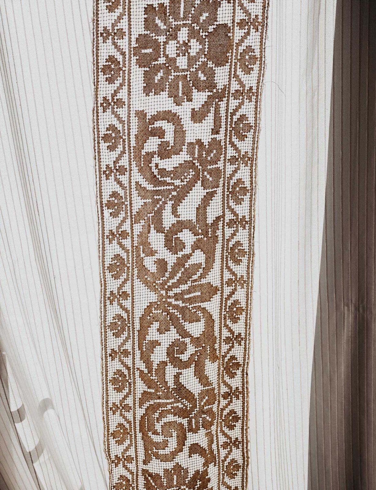 Antique Hand Knotted Filet Lace Runner   202cm Long Table Runner Or Curtain Panel