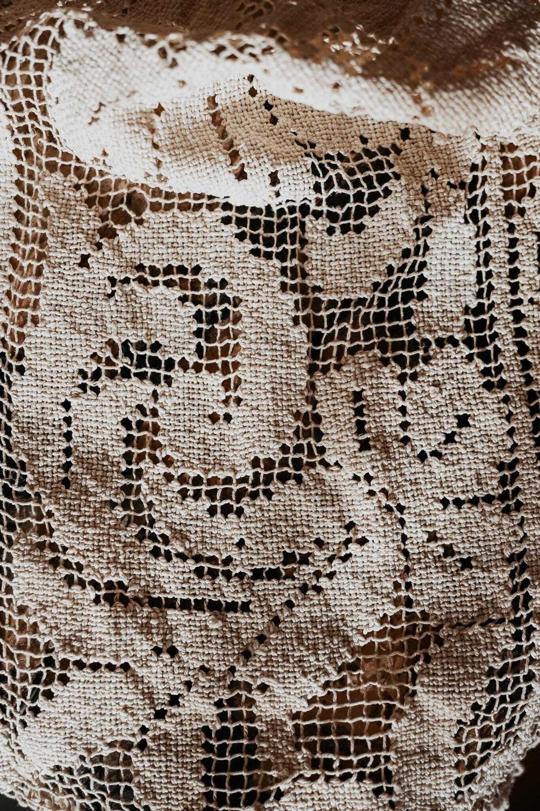 Antique Hand Knotted Filet Lace Runner   202cm Long Table Runner Or Curtain Panel photo for sale