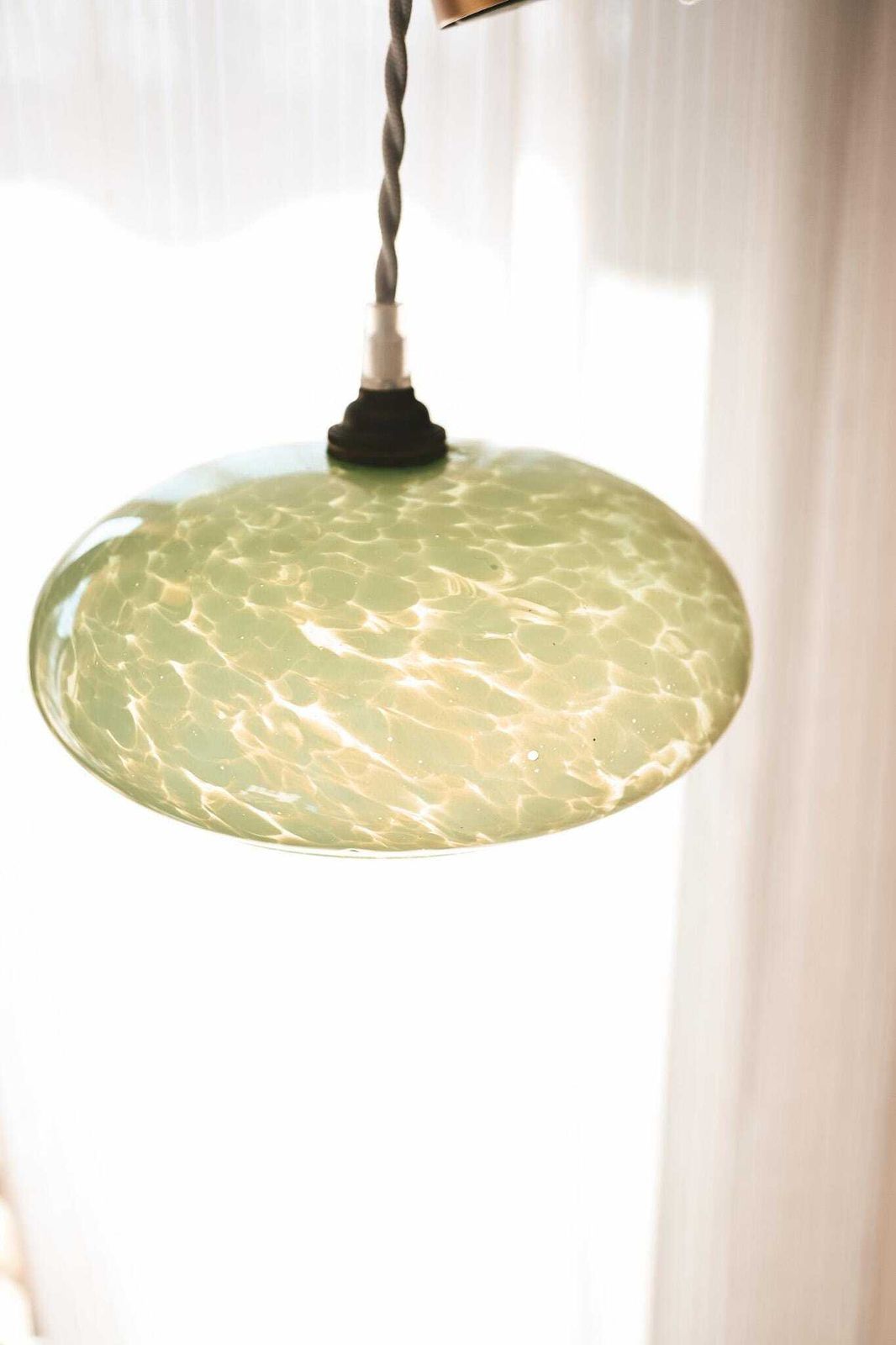 Pair Of 1950s Clichy Glass Pendant Lights   Aqua Green Marbled Glass