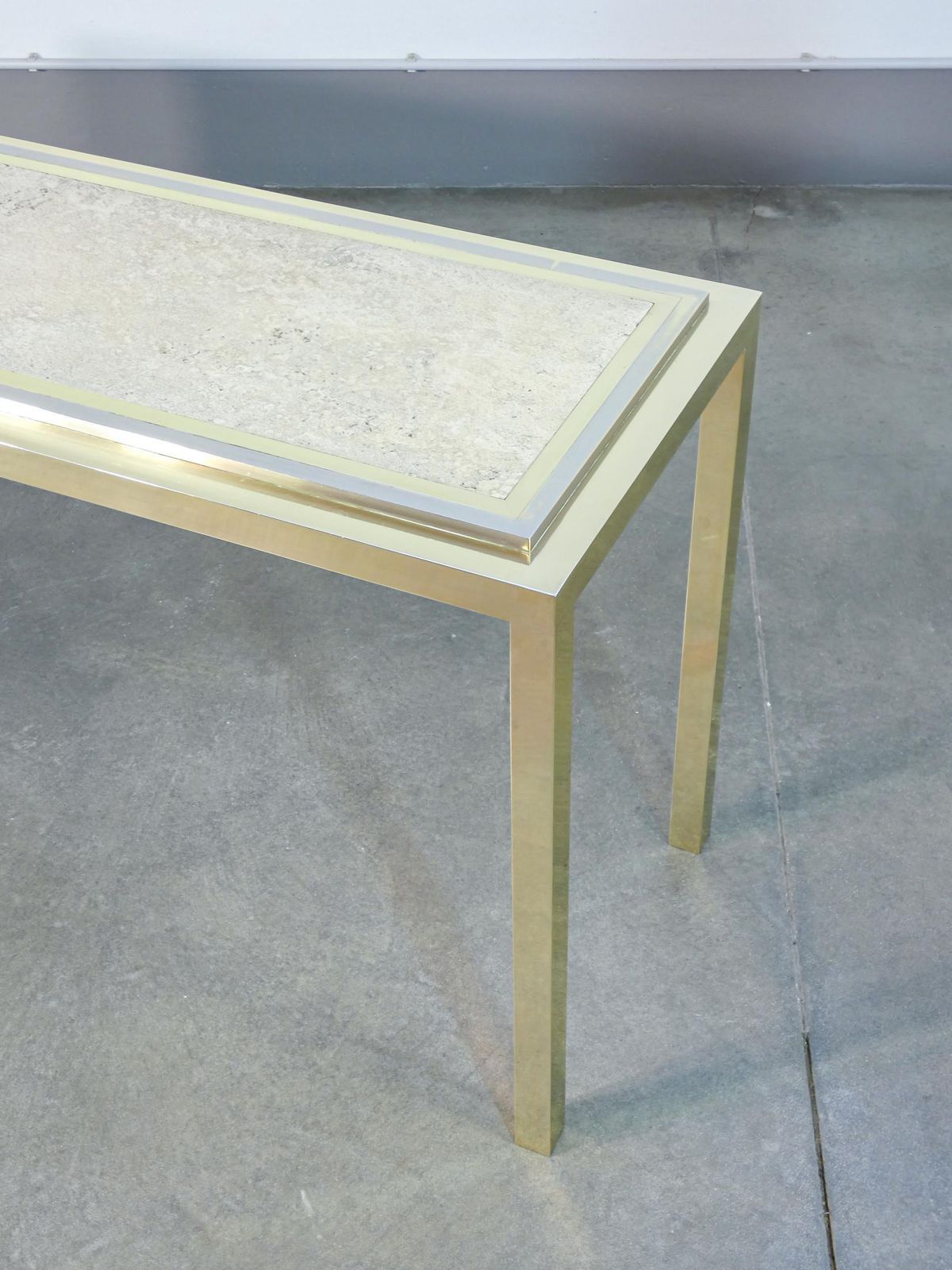 Italian Design Console Table, Made Of Chrome Plated Metal With Travertine Top. 1970s photo vinterior