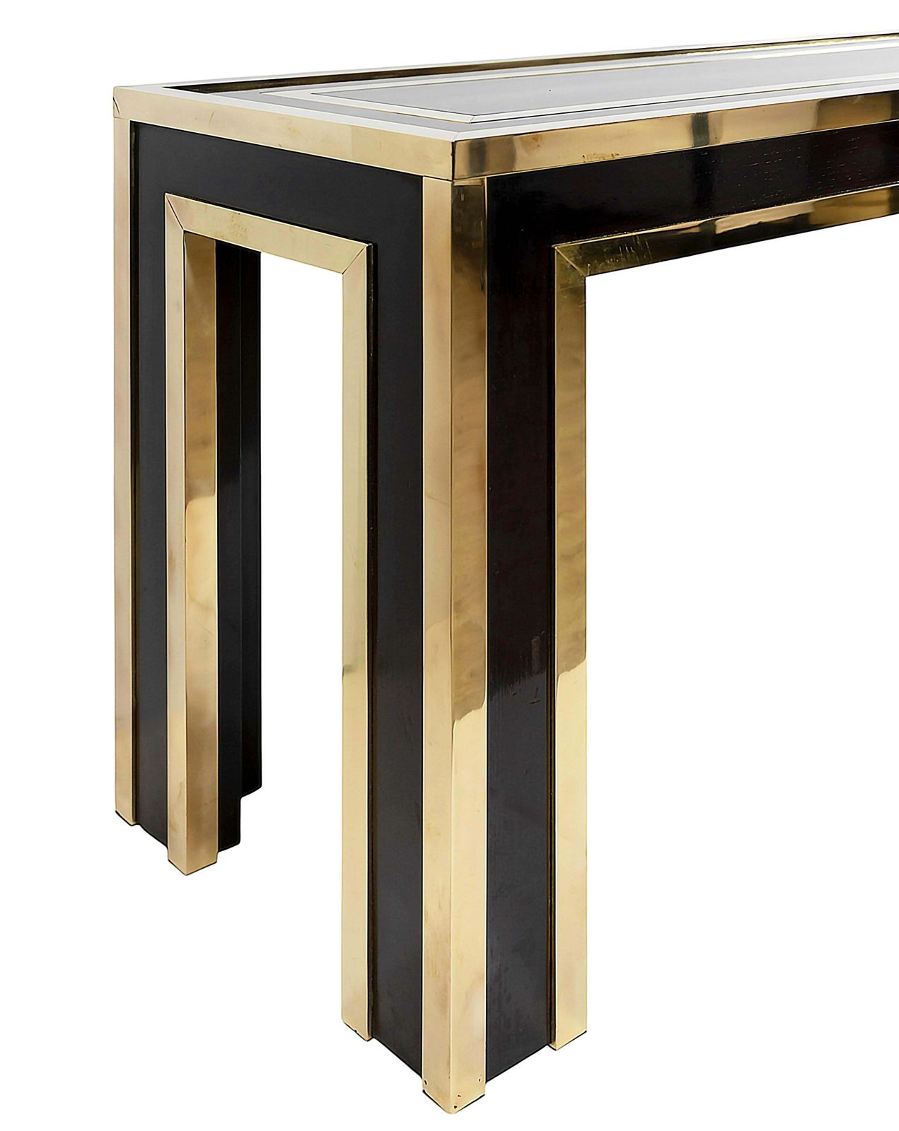 Italian Mid Century Brass, Wood And Glass Console Table photo for sale