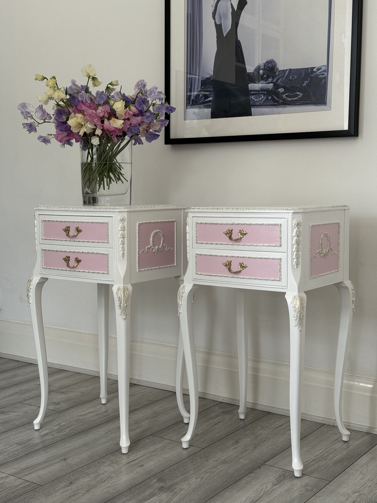 Olympus Bedside Tables, French Style, Side Tables , White And Pink , Hand Painted . photo 690.0
