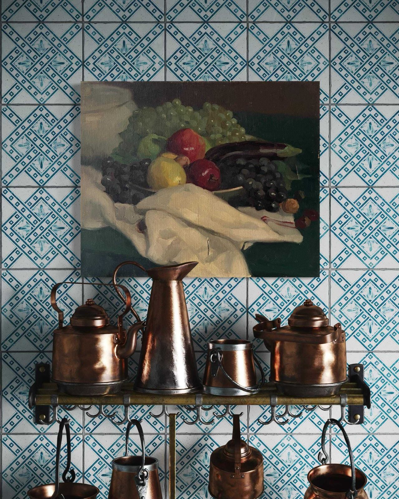 Antiek Stilleven Met Appels En Druiven, Olieverf Op Doek – Franse Fruitstilleven, Vintage Schilderij, Keukendecoratie photo for sale