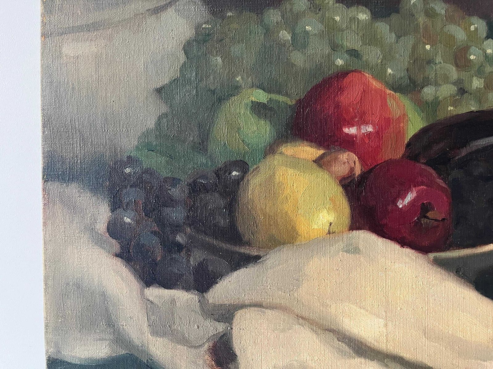 Antique Apples And Grape Still Life Oil On Canvas, French Fruits Vintage Painting, Kitchen Decor photo Art