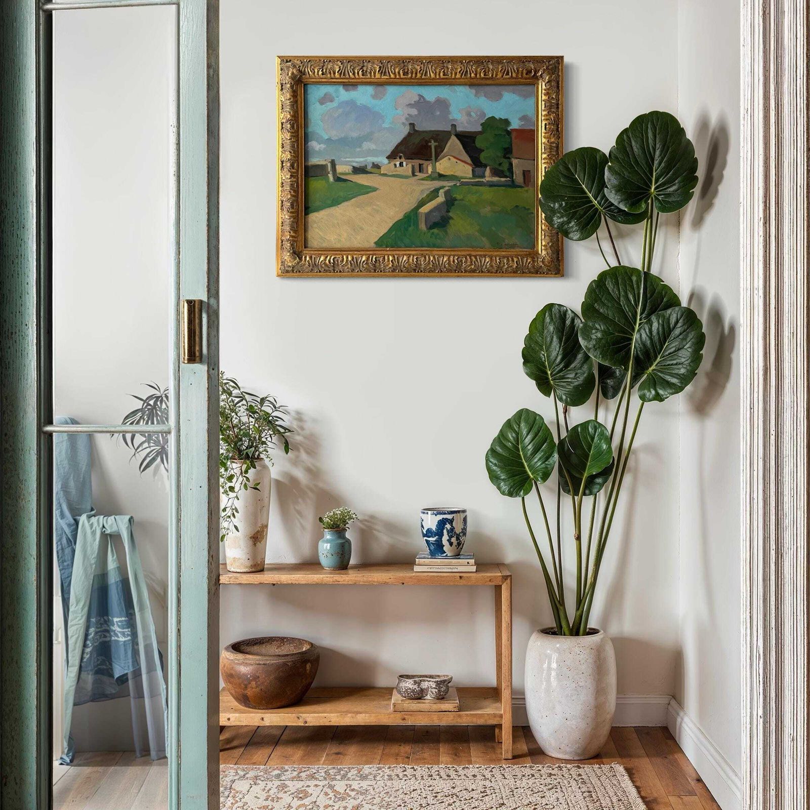 Groot Olieverfschilderij Op Paneel, Franse Bretonse Dorpsgezicht, Ca. Jaren 1950, Ingelijst Landschap photo furniture