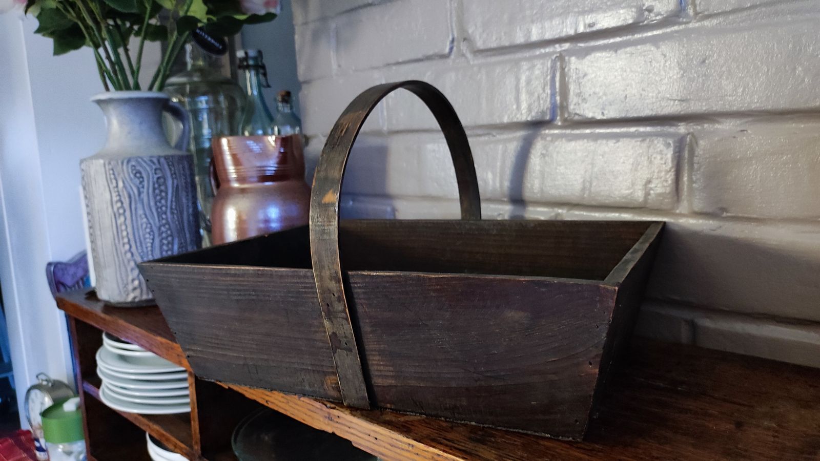 photo vinterior Antique Farmhouse Harvesting Basket French Rustic Wood Gardening Trug