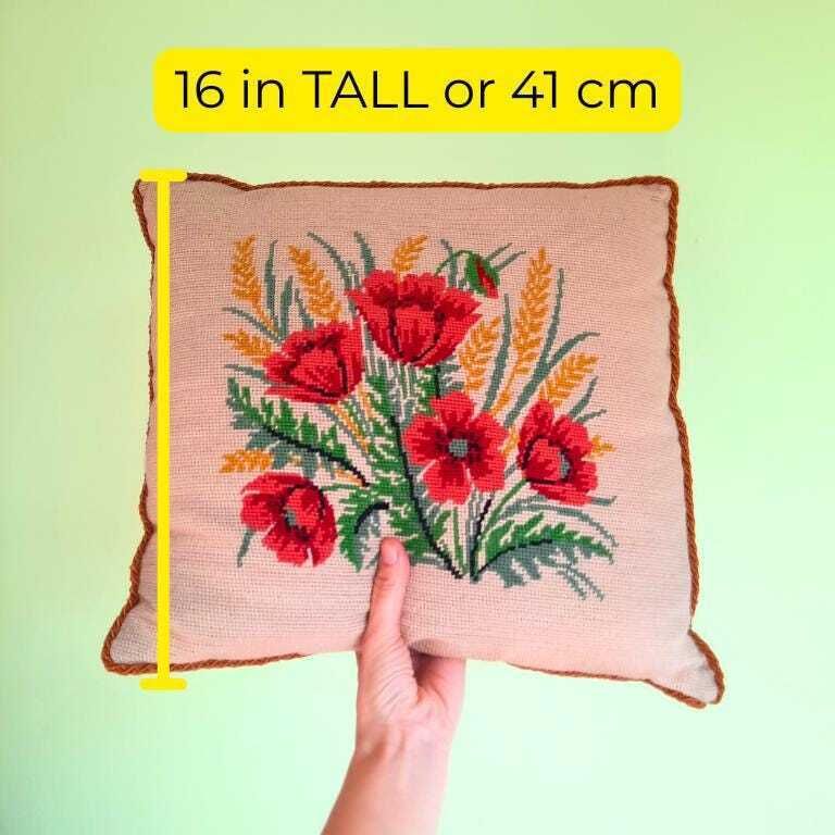 Vintage Cottagecore Floral Poppies Needlepoint Cushion Velvet Back 16'' Tall Earthy Tones photo for sale