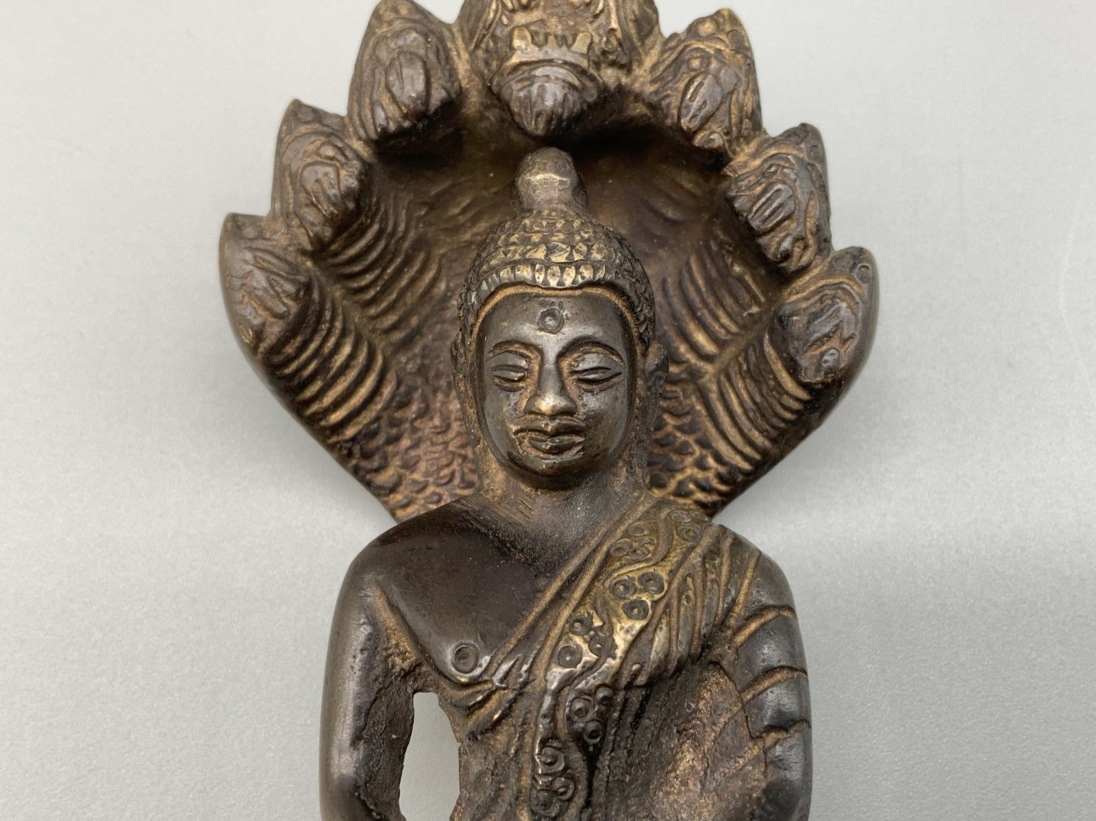 Art Antique Bronze Buddha Naga King, Mucalinda Sculpture Figurine Statue Early 20thc photo