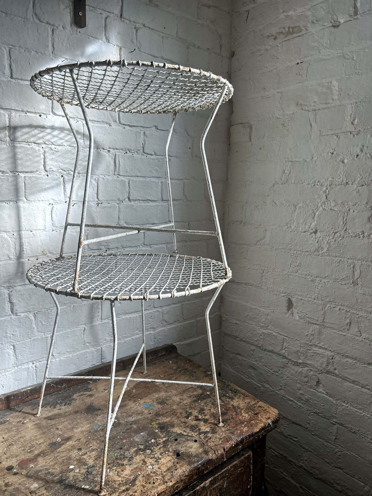 A Vintage Mid Century White Metal Wire 1950's French Garden Side Table. photo Furniture