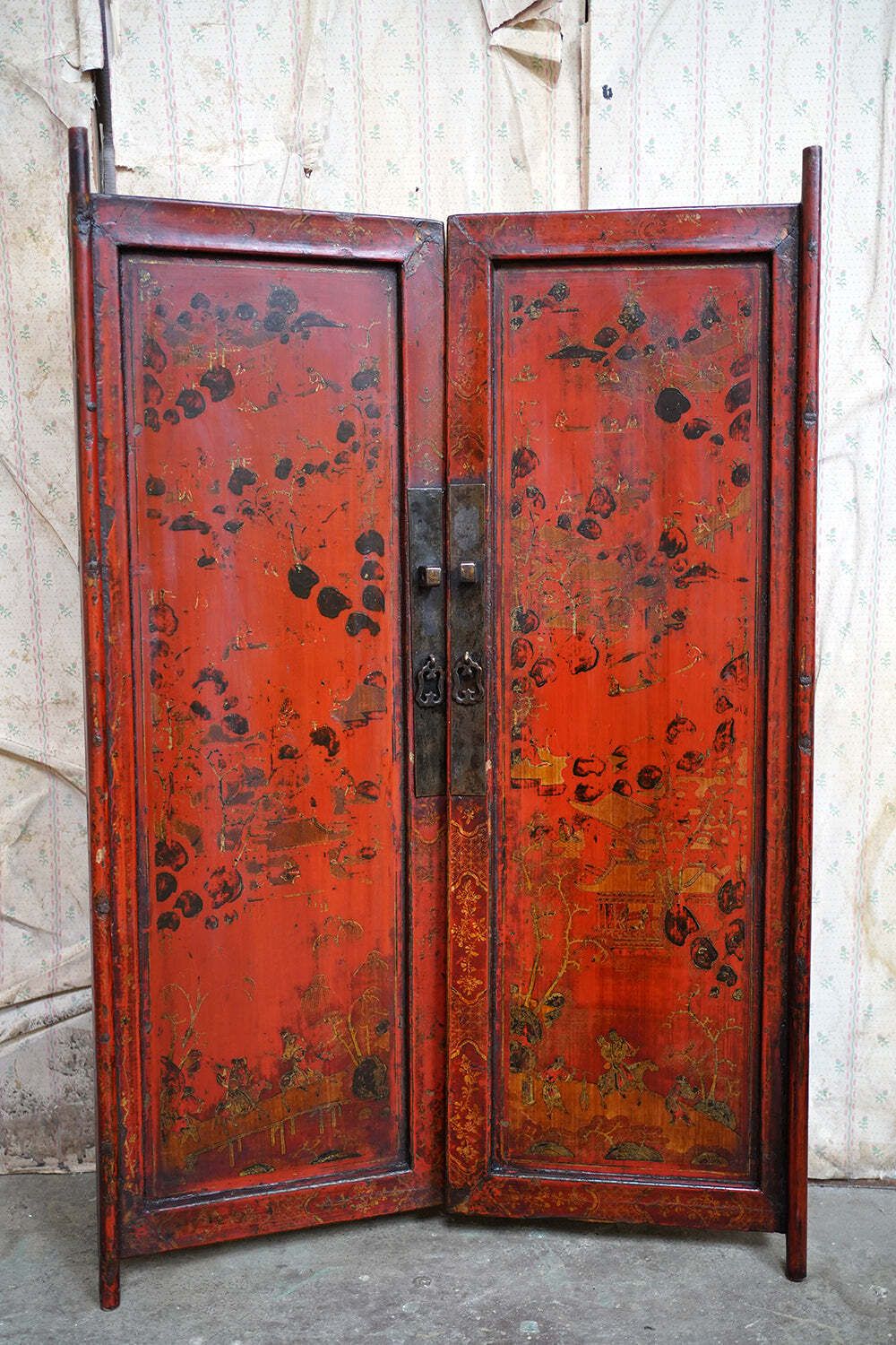 A Pair Of Late 19thc Chinese Red Lacquer Chinoiserie Cabinet Doors C.1890