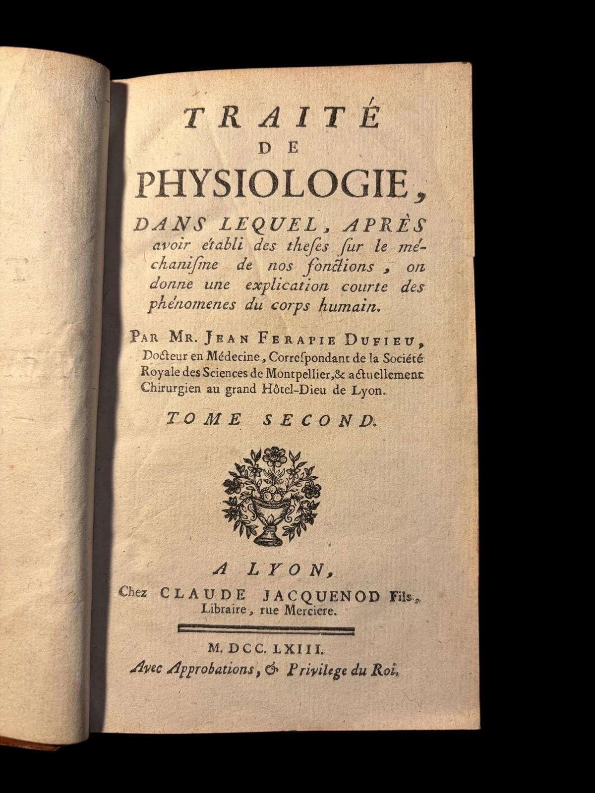 photo for sale Treatise On Physiology Volume II Lyon 1763 Dufieu