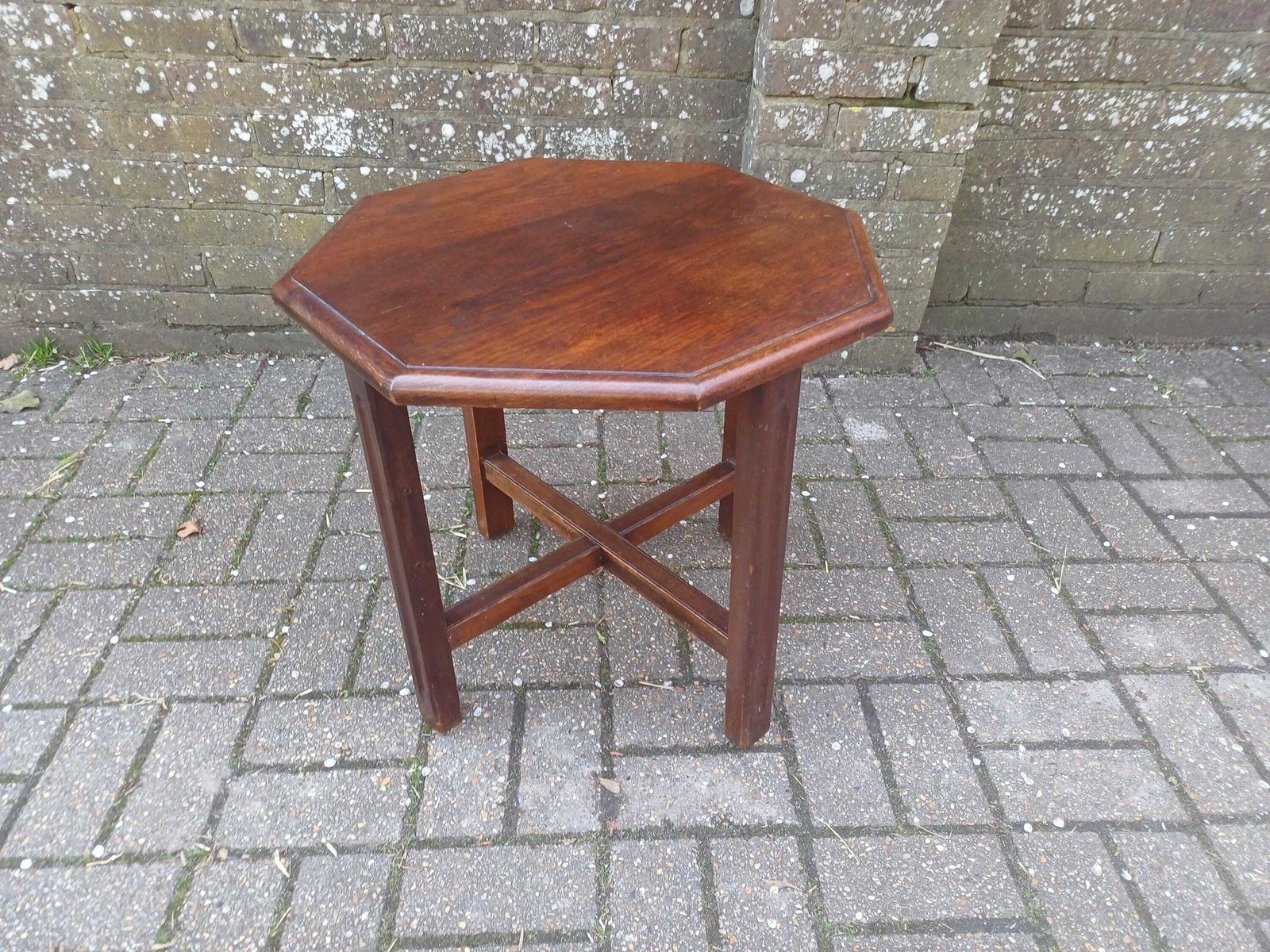 Vintage Retro 1920s–30s Oak Art Deco Occasional Or Coffee Table – Hexagonal Top, Chunky Cross Stretchers, Restored & Polished Finish