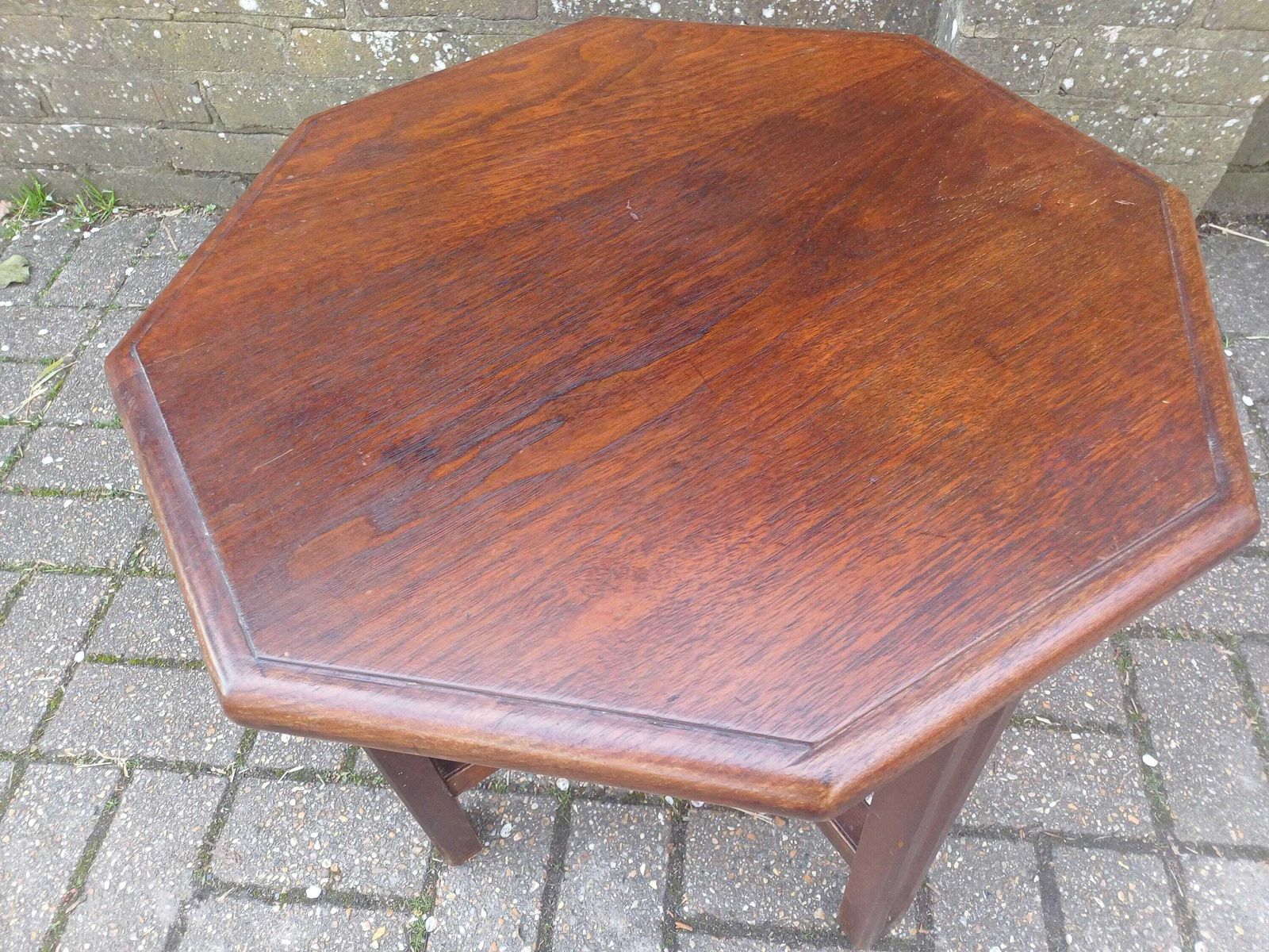 Vintage Retro 1920s–30s Oak Art Deco Occasional Or Coffee Table – Hexagonal Top, Chunky Cross Stretchers, Restored & Polished Finish photo for sale