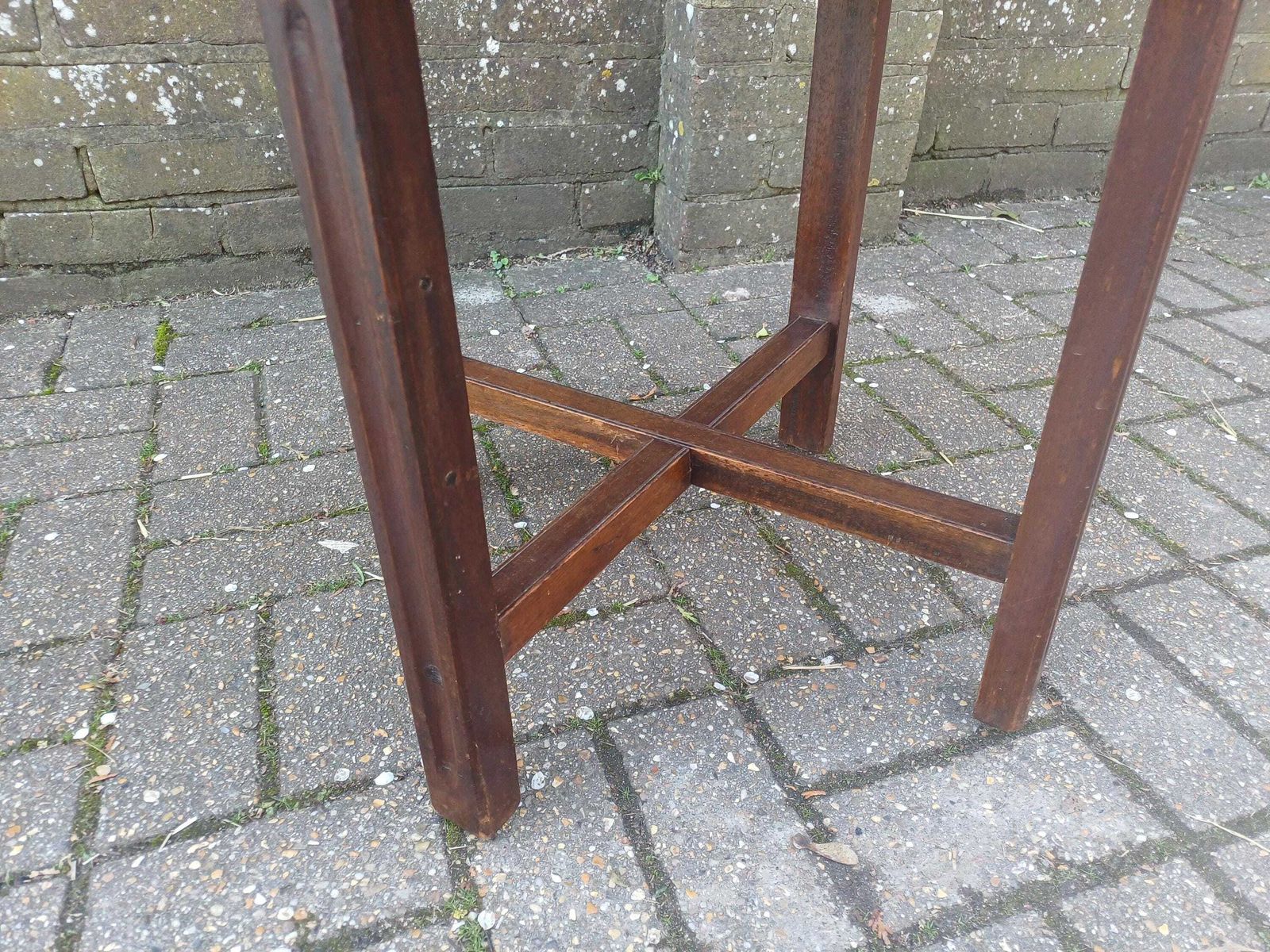 photo furniture Vintage Retro 1920s–30s Oak Art Deco Occasional Or Coffee Table – Hexagonal Top, Chunky Cross Stretchers, Restored & Polished Finish