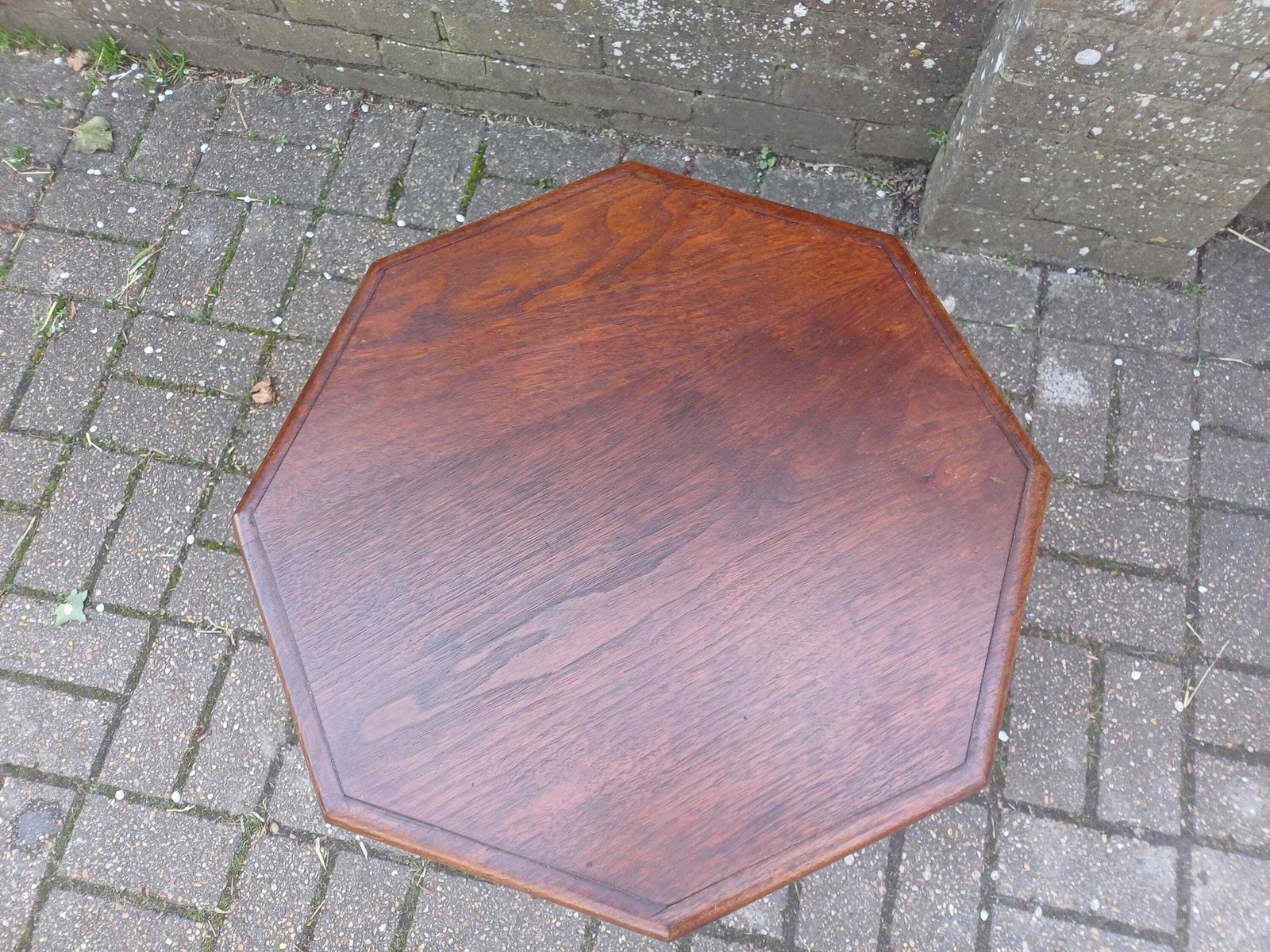 Furniture Vintage Retro 1920s–30s Oak Art Deco Occasional Or Coffee Table – Hexagonal Top, Chunky Cross Stretchers, Restored & Polished Finish photo