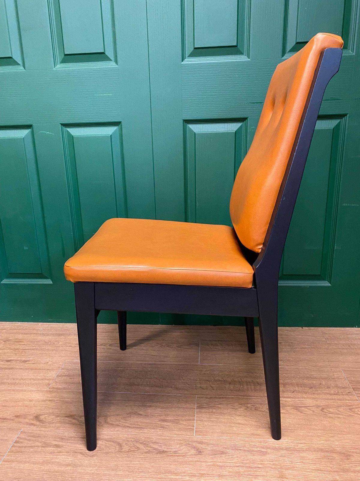 Set Of Four Vintage Mid Century 1970s Black And Orange Vinyl High Button Back Dining Chairs photo vintage
