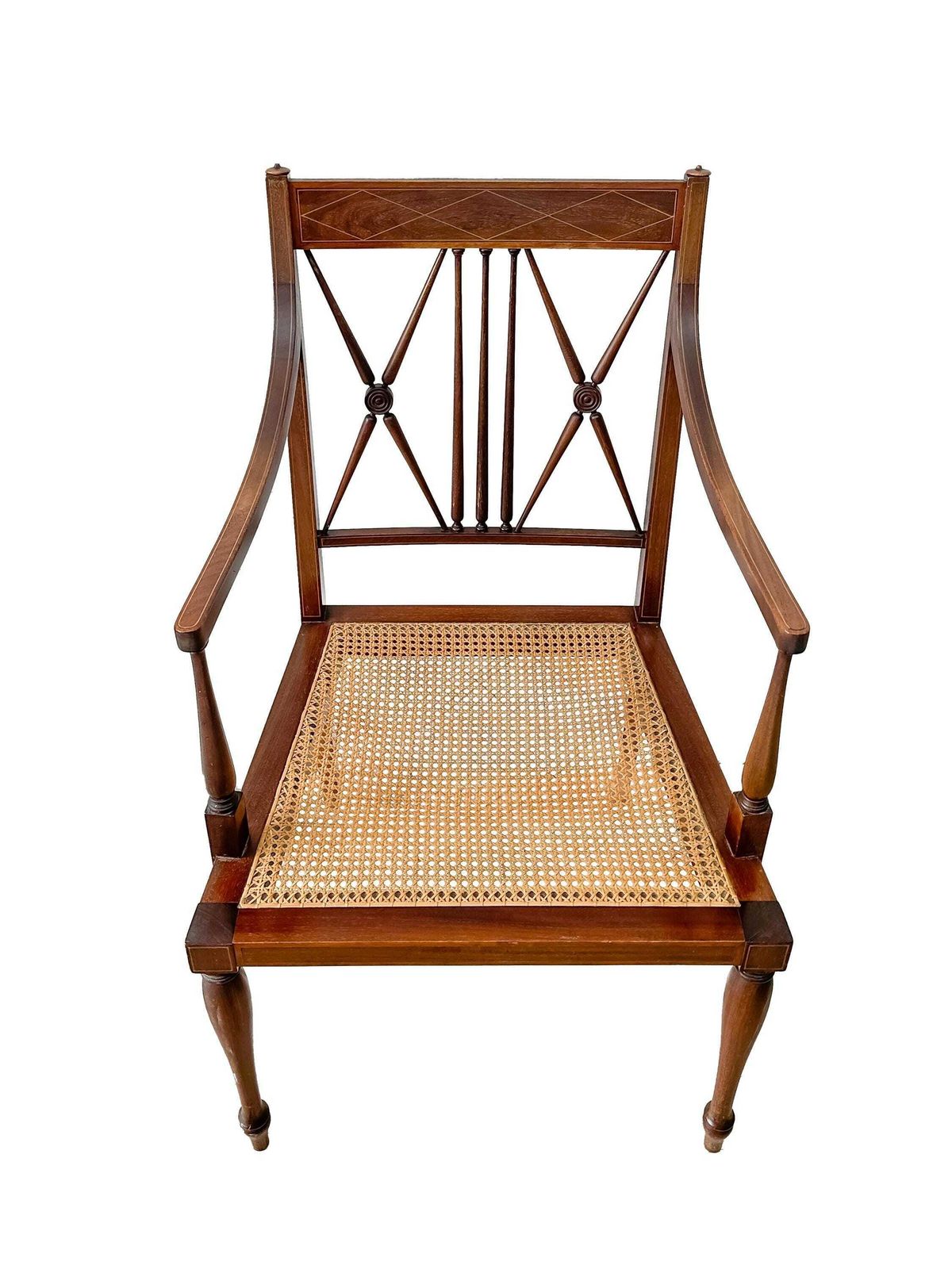 Antique Sheraton Revival Chair Cane Seat Mahogany Inlaid With X Frame Back. photo furniture