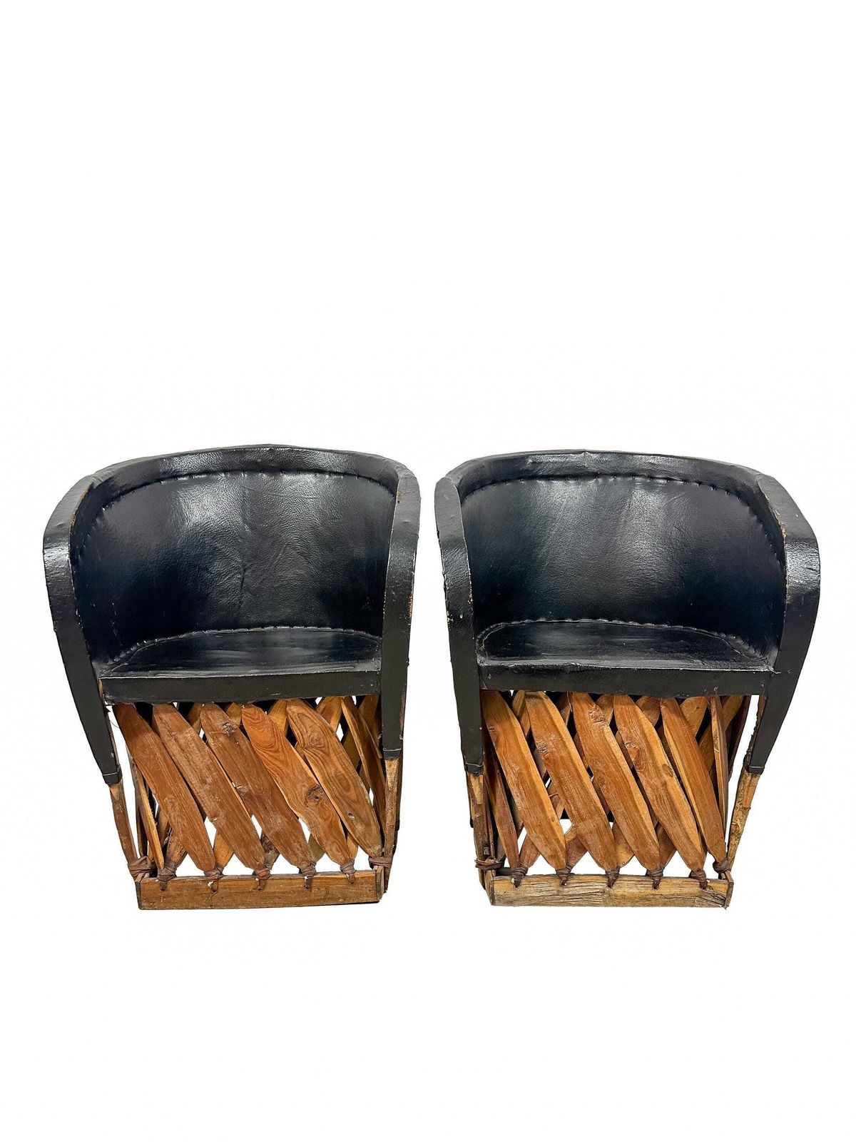 Pair Vintage Equipale Barrel Tub Chairs Black Tan Leather   Mexican Rustic Folkart Style.