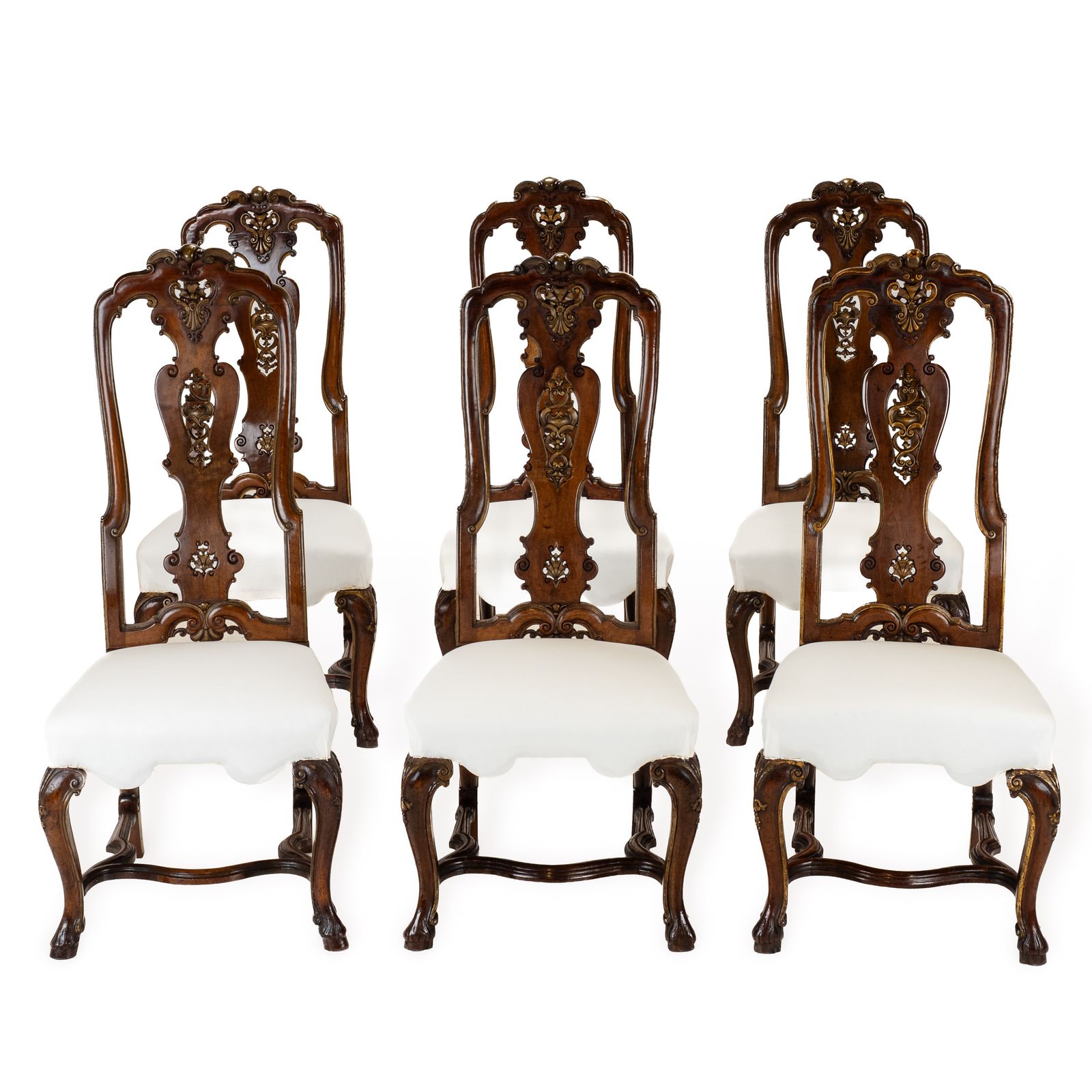 Set Of Six Anglo Dutch Walnut & Parcel Gilt High Back Dining Chairs In The Late 17th Century Queen Anne Taste, In The Manner Of Daniel Marot