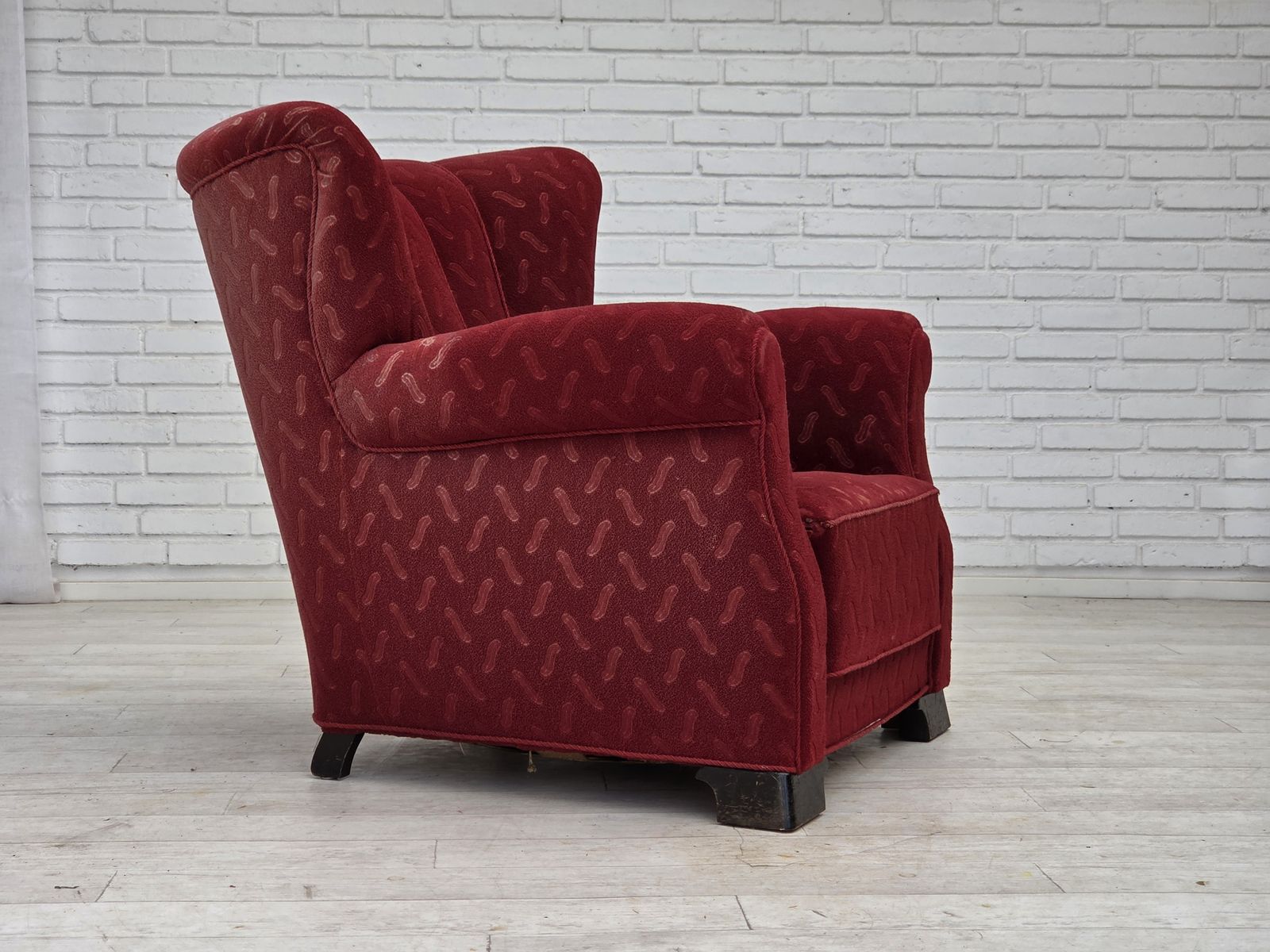 1950s, Danish Relax Armchair, Red Furniture Wool, Oak Wood. photo 1320.0