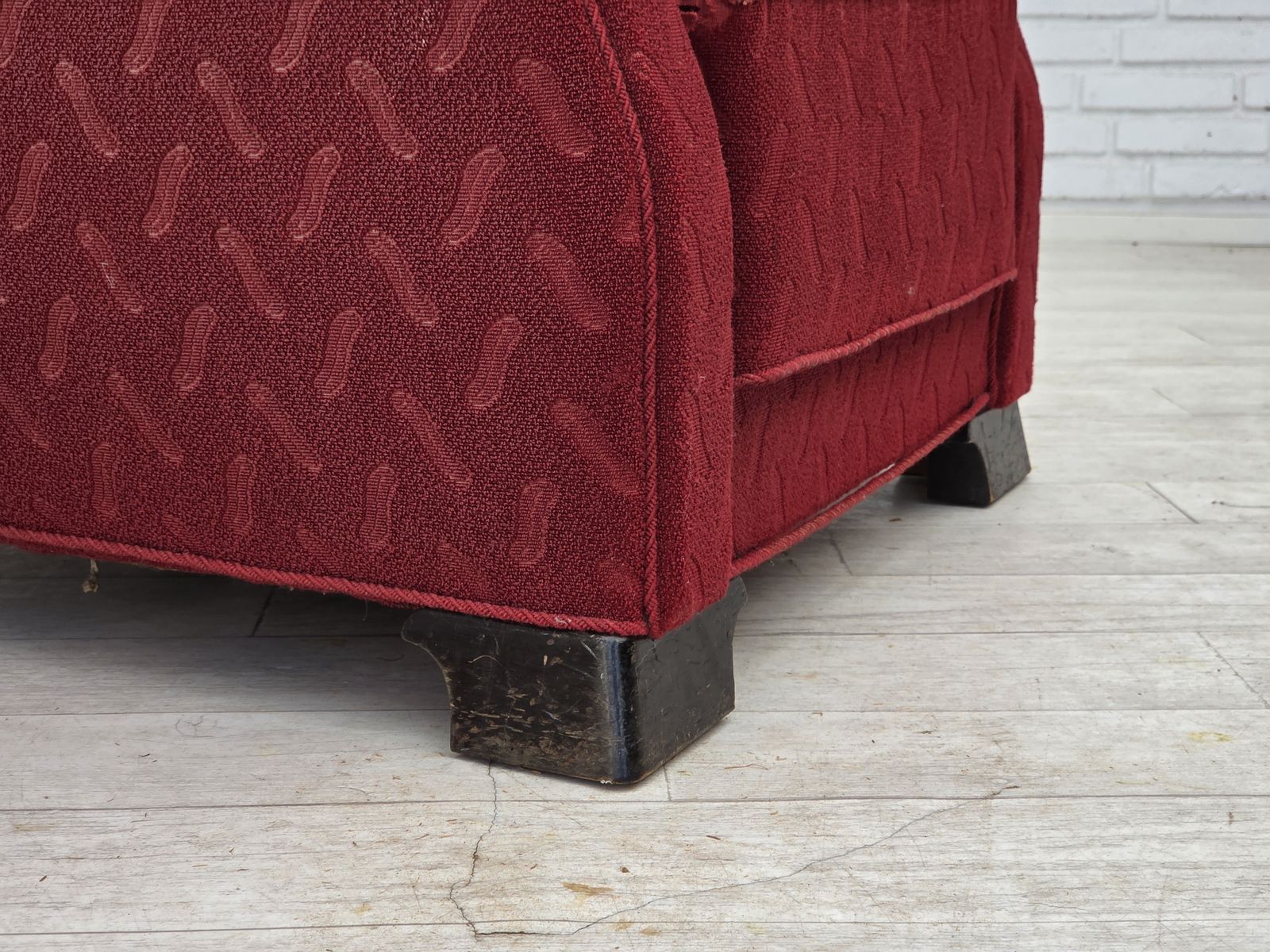 1950s, Danish Relax Armchair, Red Furniture Wool, Oak Wood. photo buy