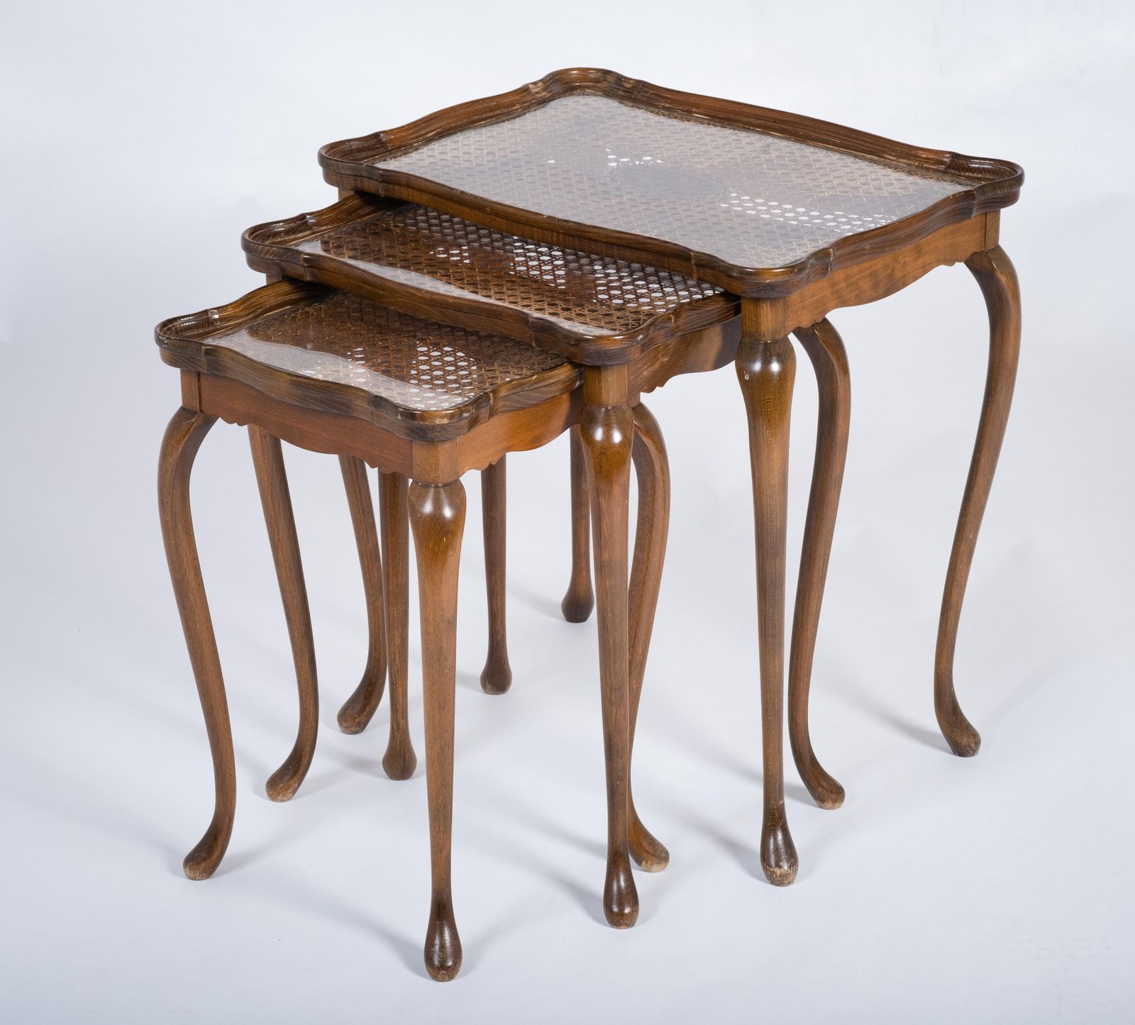 Vintage Nesting Tables With Cane And Glass Top From Jason Møbler, 1960s photo for sale