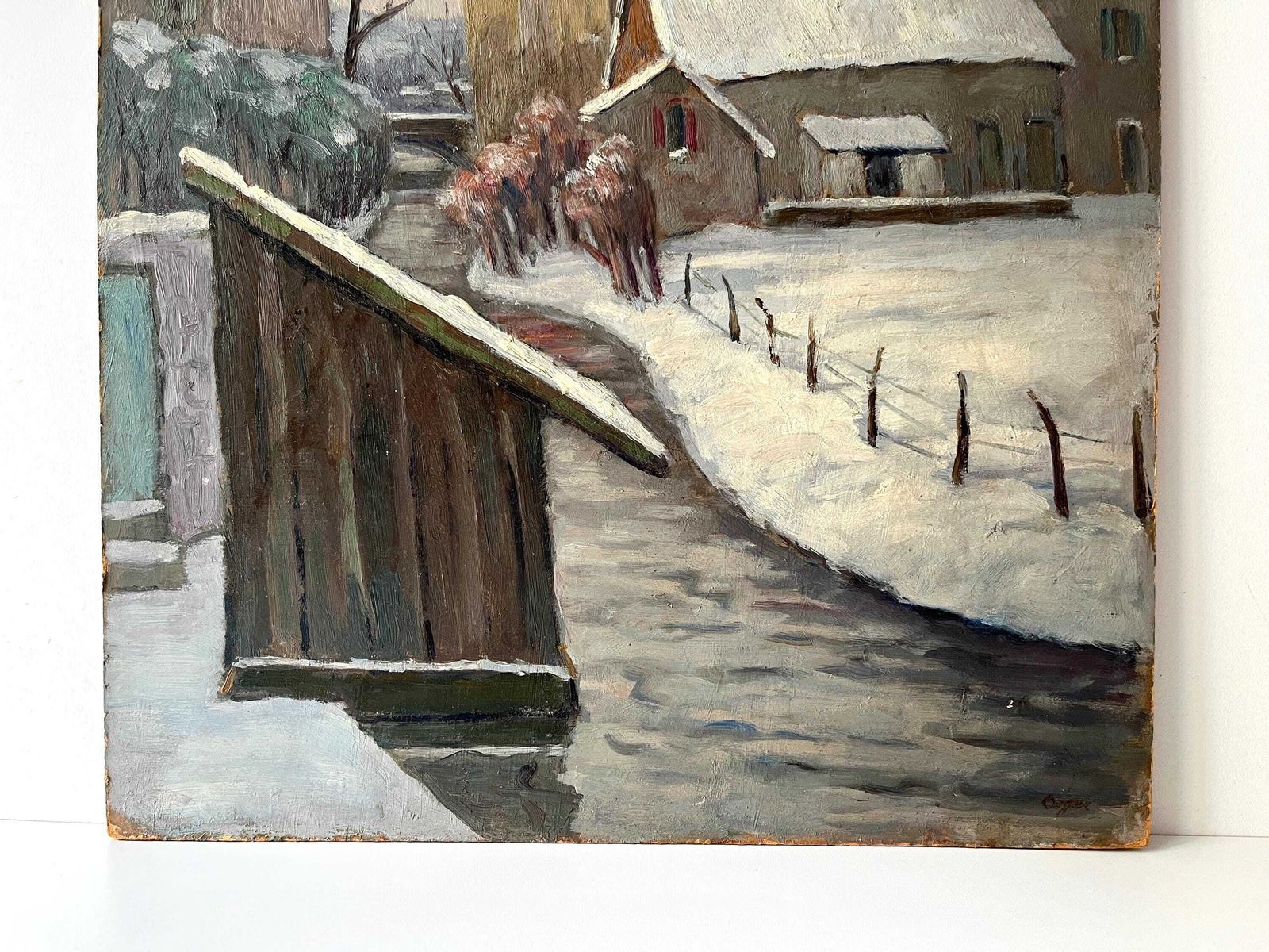 Original Antique Snowy Rural Landscape "Near The Laundry", Antique French River Oil, Winter Painting photo vinterior