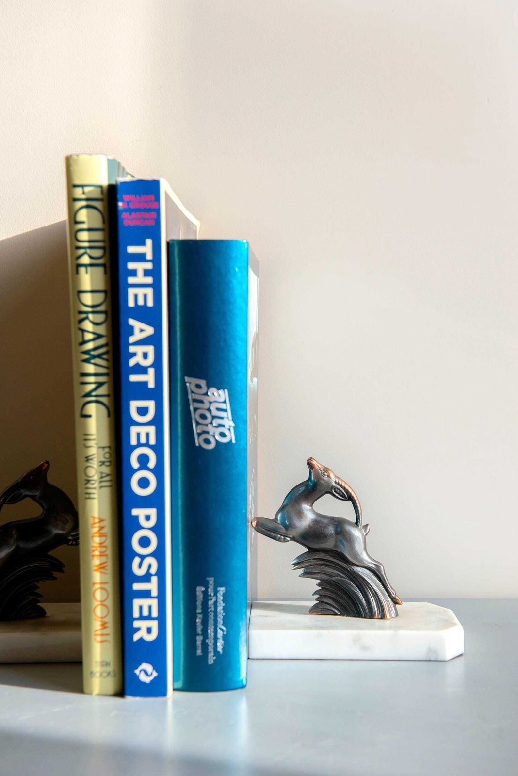 photo for sale French Art Deco Gazelle Bookends On Marble Bases – Antique Antelope Bookend Pair