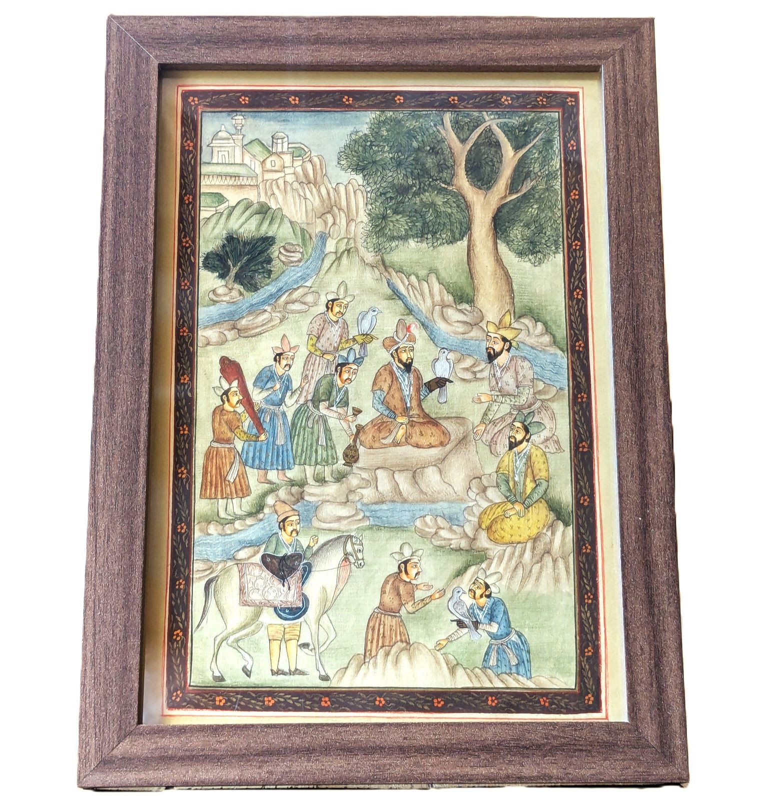 Vintage Central Asian Miniature Painting In Timurid Style On Fabric