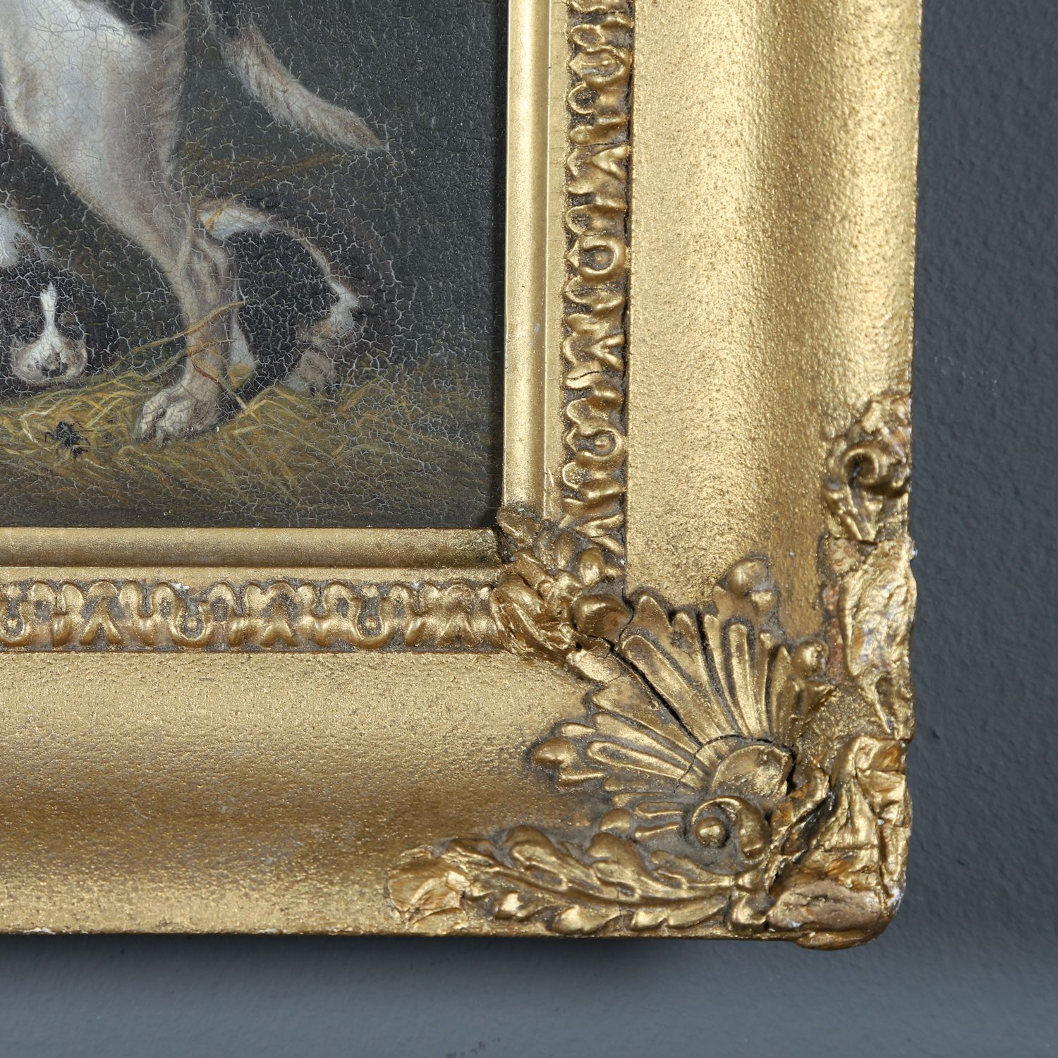 Small English Georgian Oil Painting Picture Of A Hound Dog “Lady” & Her Litter Attributed To Samuel Raven (Circa 1800) photo vinterior