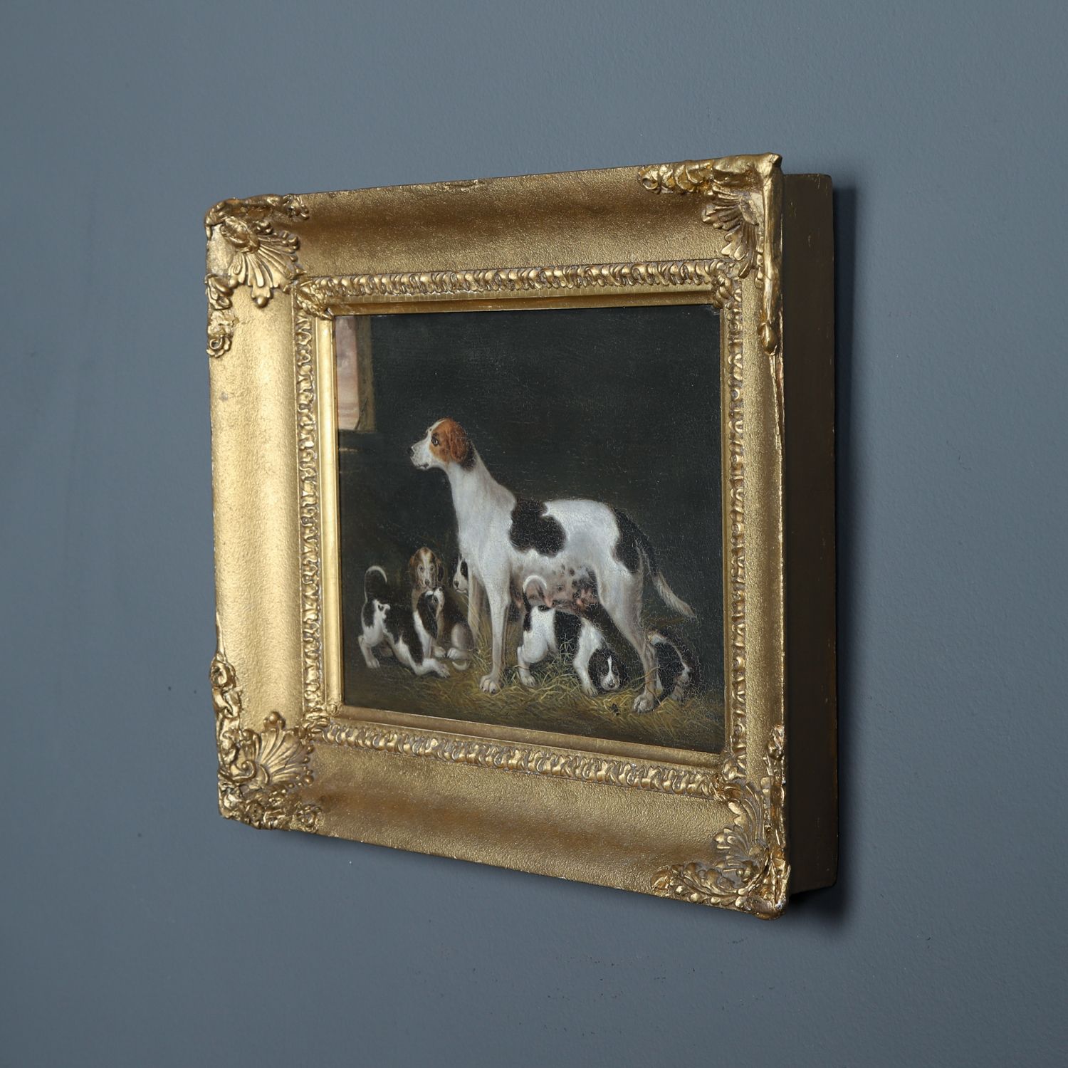 photo buy Small English Georgian Oil Painting Picture Of A Hound Dog “Lady” & Her Litter Attributed To Samuel Raven (Circa 1800)
