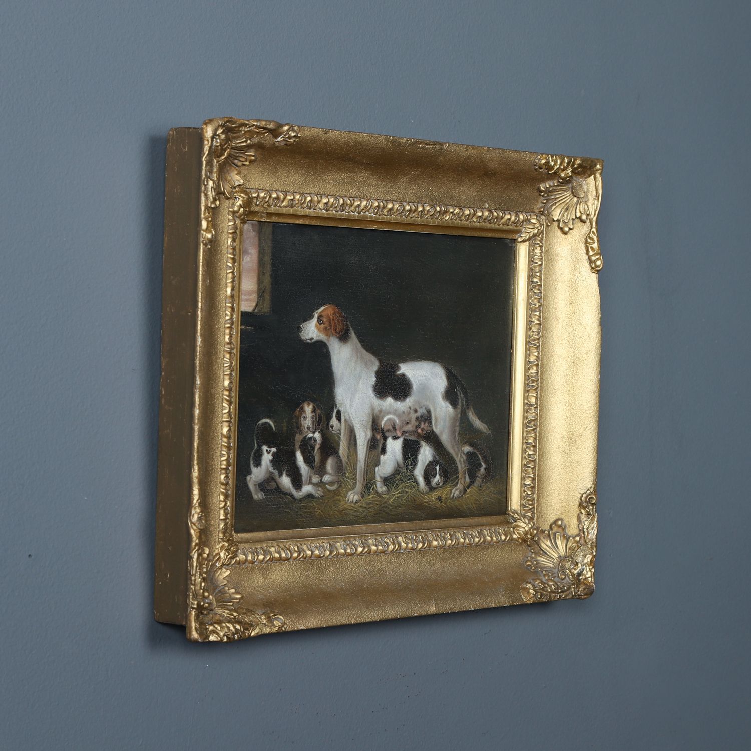 photo vintage Small English Georgian Oil Painting Picture Of A Hound Dog “Lady” & Her Litter Attributed To Samuel Raven (Circa 1800)