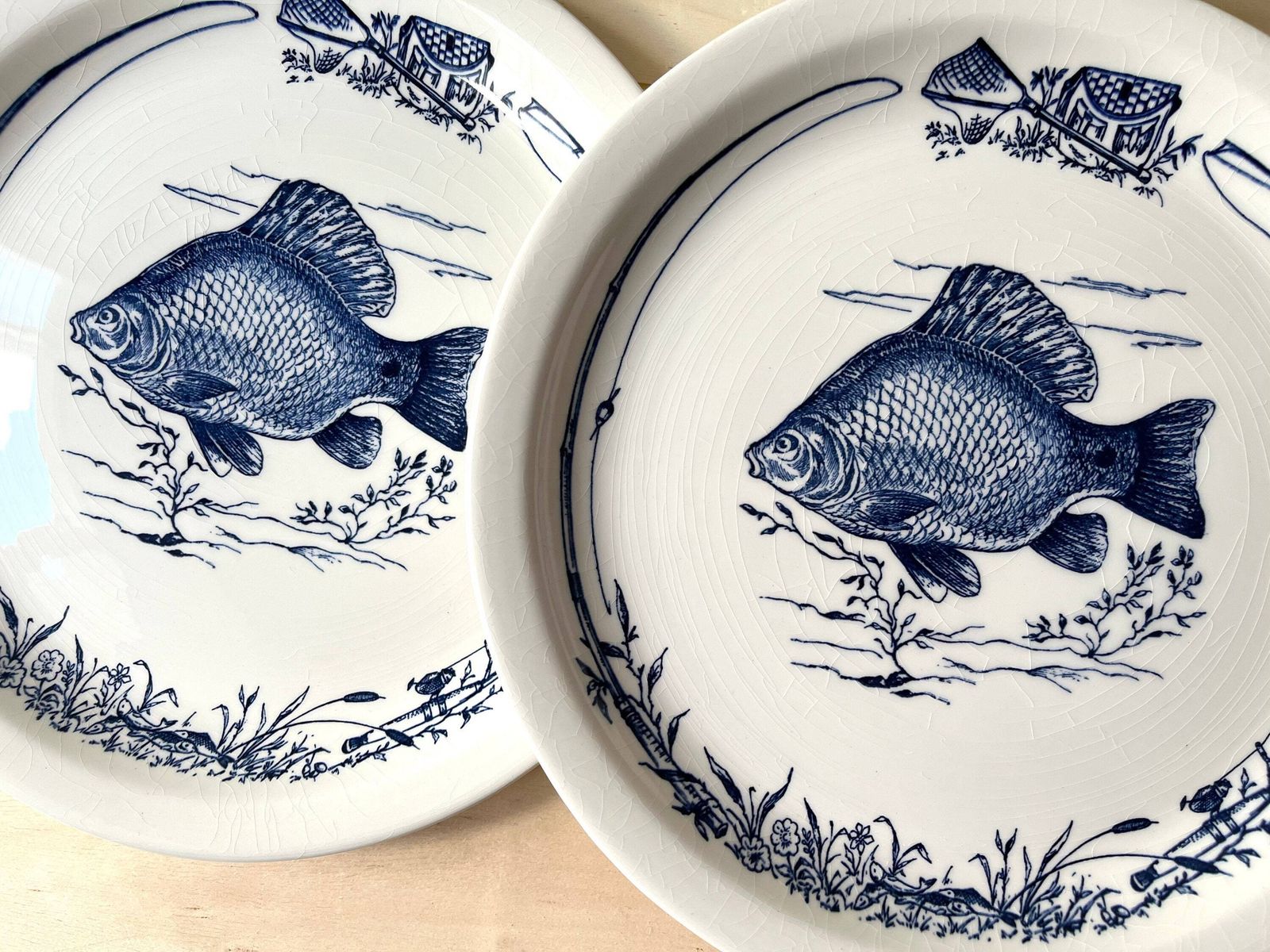 Set Of 6 Fish Dinner Plates By Gien France Vintage, Flat Plates With Fish Design photo 243.0